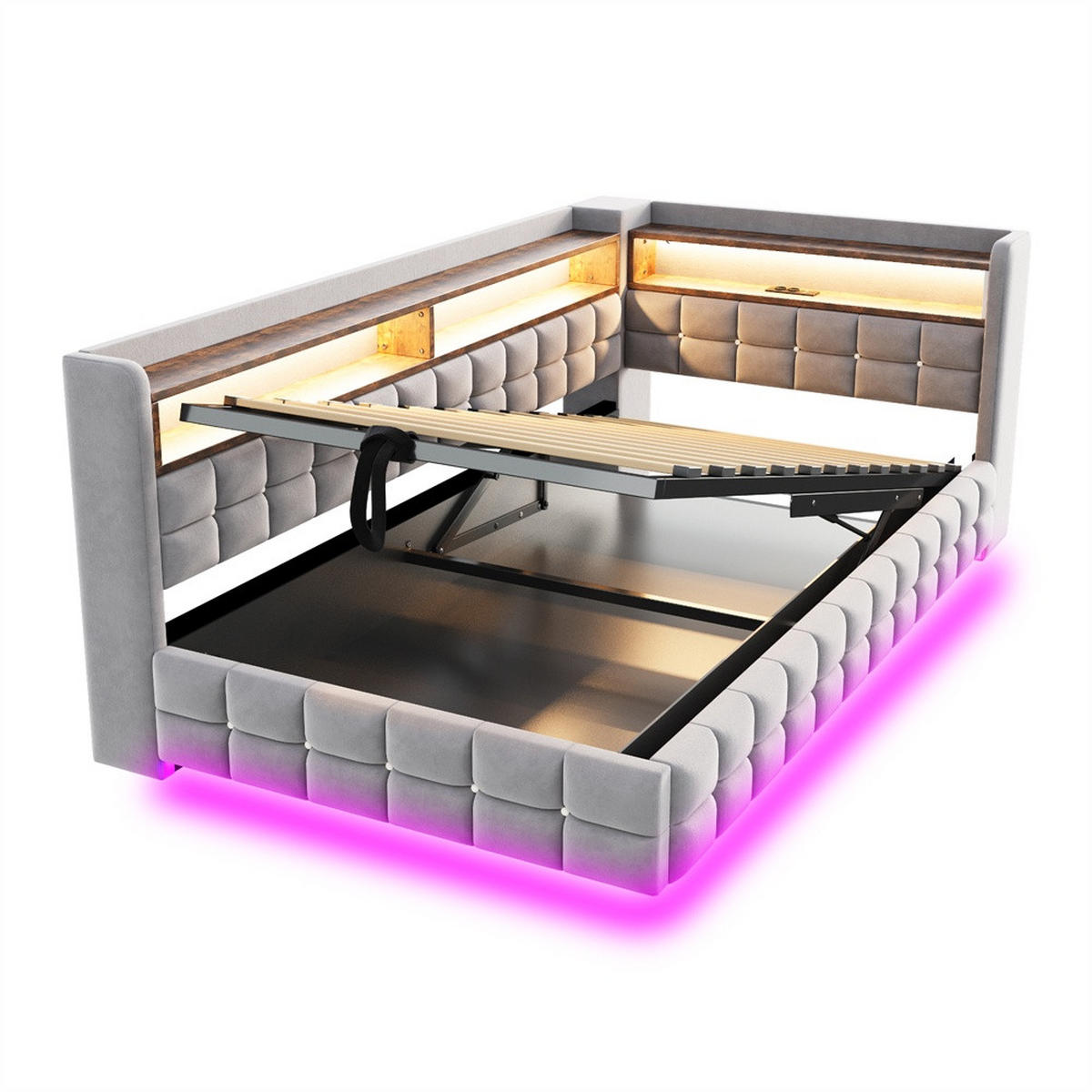 POLSTERBETT 90x200 cm mit hydraulischem Stauraum und Regal - LED Beleuchtung - USB & Typ-C - Hellgrau - ohne Matratze - Hellgrau, Textil (90/200cm) - DELFA