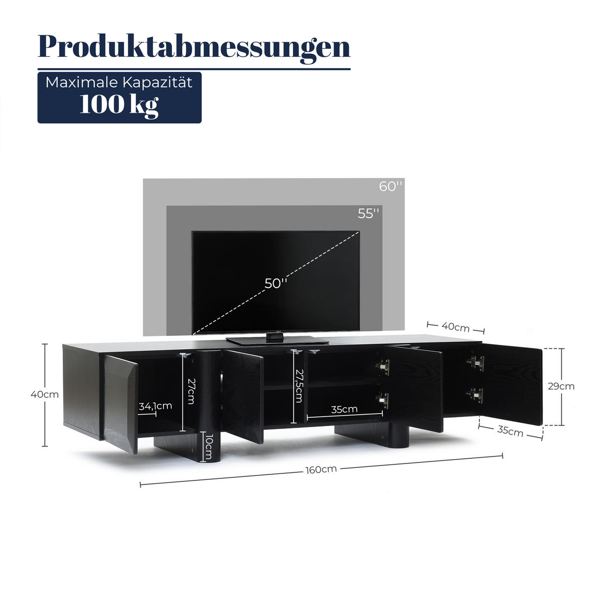 TV-SCHRANK Modern, Schwarz - Breites Lowboard mit 4 Einzel-Schubladen & doppeltem Staufach, MDF TV Board | 160x40x40 cm - Schwarz, Holz (160/40/40cm) - Hometopia