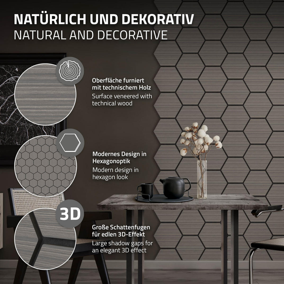 AKUSTIKPANEEL Echtholz 2er Set Grau Hexagon - Grau, Holzwerkstoff (2.1/81.1/66.6cm) - ML-DESIGN