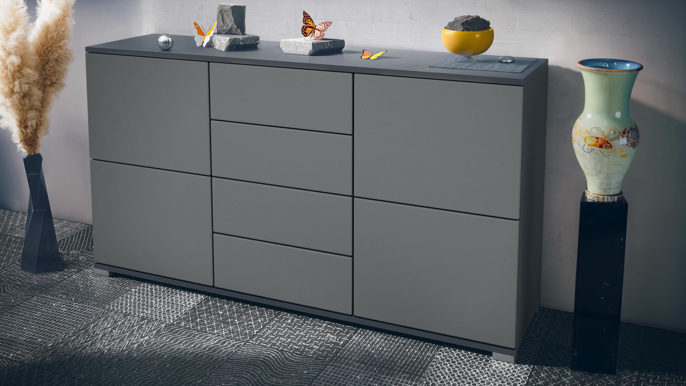 SIDEBOARD Rova Graphit Seidenmatt - Graphitfarben, Holzwerkstoff (138.5/75.5/35cm) - Vladon