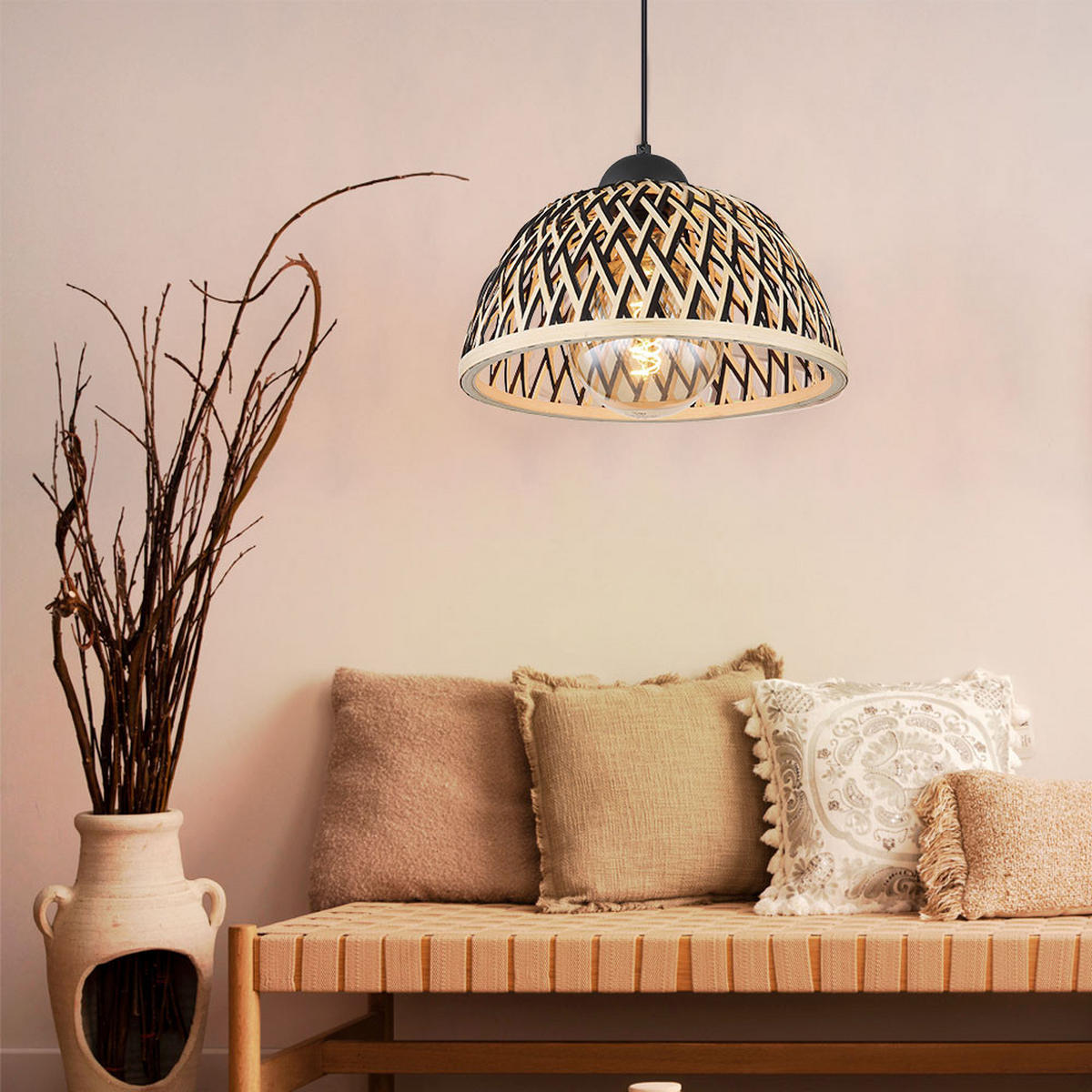 HÄNGELEUCHTE Metall Bambus schwarz - Schwarz, Holz (30/30/120cm) - Globo Lighting