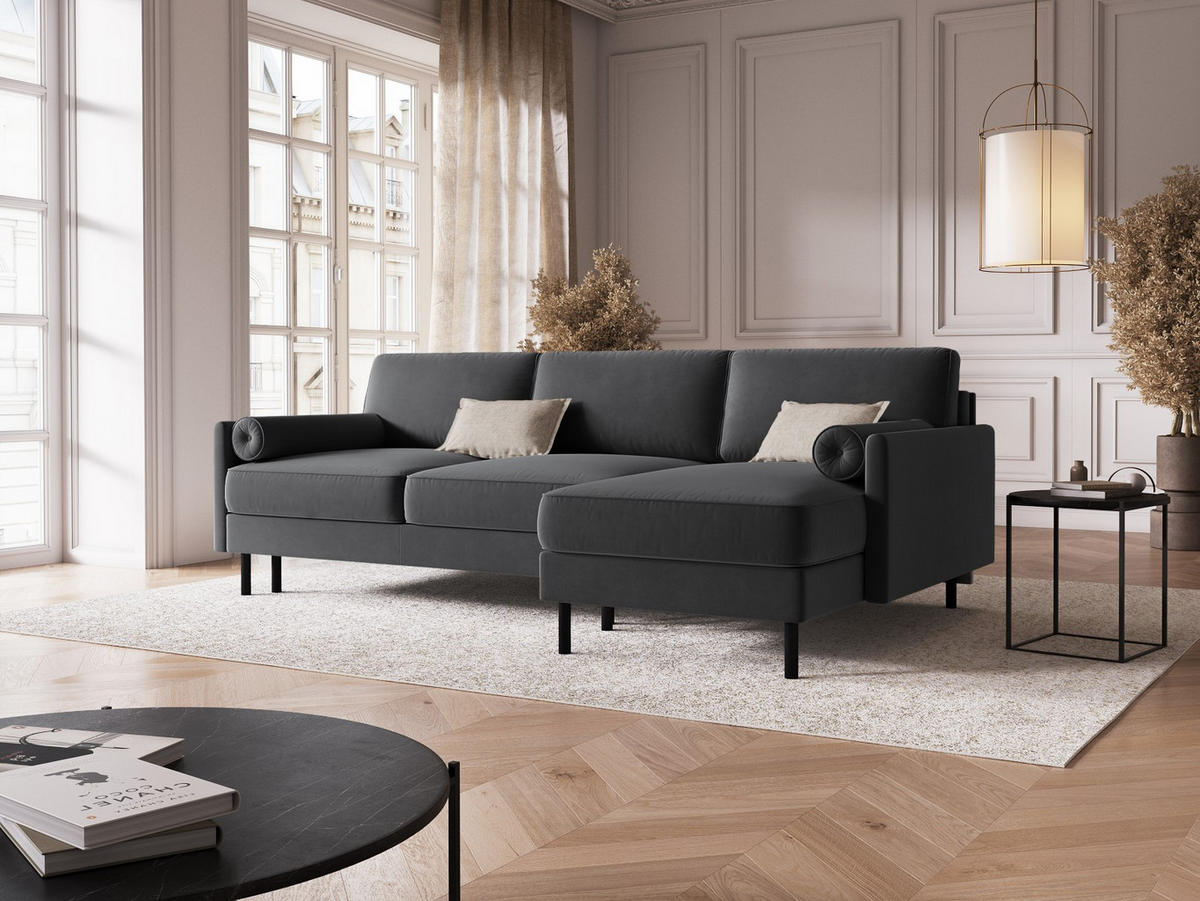 AUSKLAPPBARES-ECKSOFA rechts mit Container Scott aus Samt grau 5 Sitzplätze - Grau, Textil (142/212cm) - Micadoni