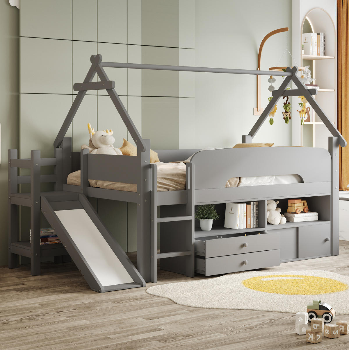 KINDEREINZELBETTEN aus Massivholz 90 x 200 cm in Grau mit Rutsche & Stauraum - Grau, Holz (90/200cm) - Modfu