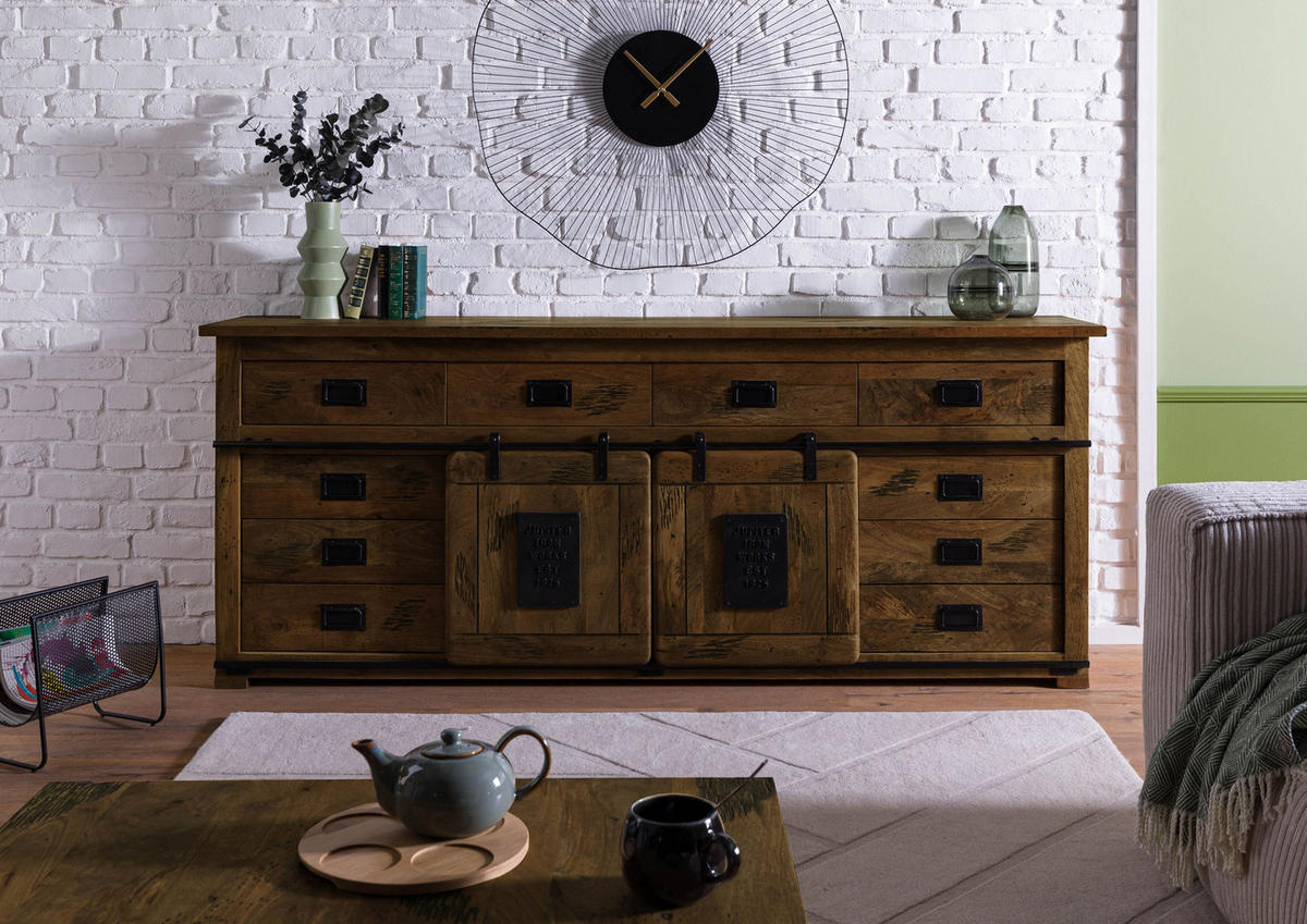 SIDEBOARD Mango 220x45x90 braun lackiert RAILWAY #492 - Braun, Holz (220/90/45cm) - Massivmoebel24