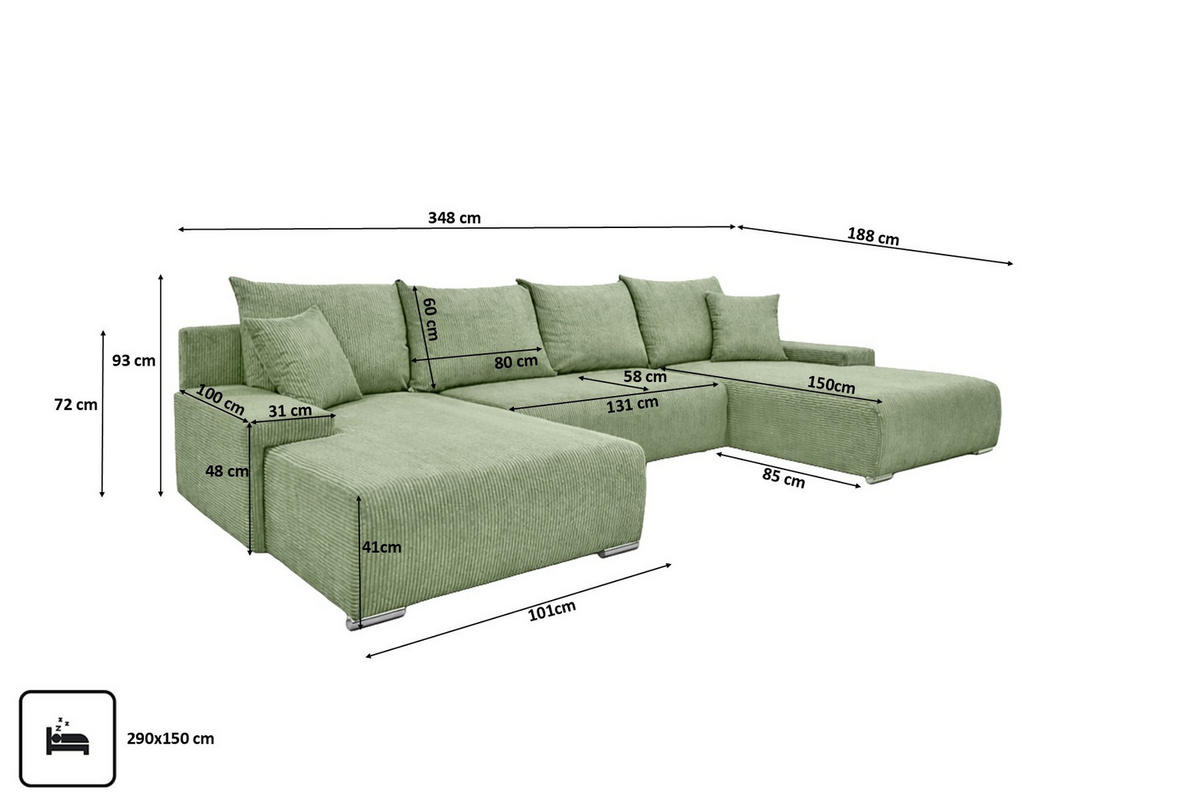 ECKSOFA U-Form Livorno Schlaffunktion Cord-Stoff Hellgrün - Chromfarben/Schwarz, Holz/Kunststoff (348/93/188cm) - Kaiser Möbel