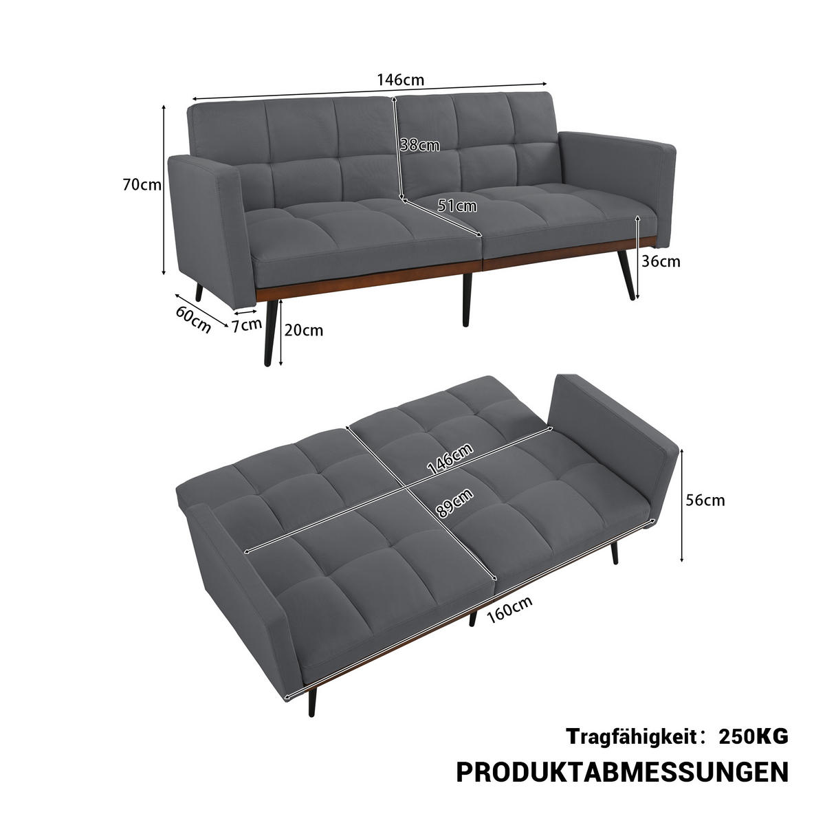 SCHLAFSOFA 146/60/70 cm in Leinenoptik Grau - Grau, Textil (146/70/60cm) - Oxeza