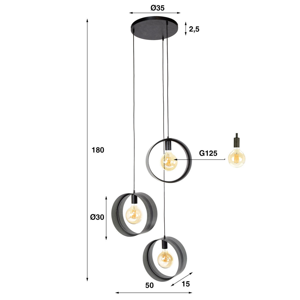 HÄNGELEUCHTE Ring Schwarz 50/50/ 180 cm - Schwarz, Metall (50/50/180cm) - Hoyz Collection