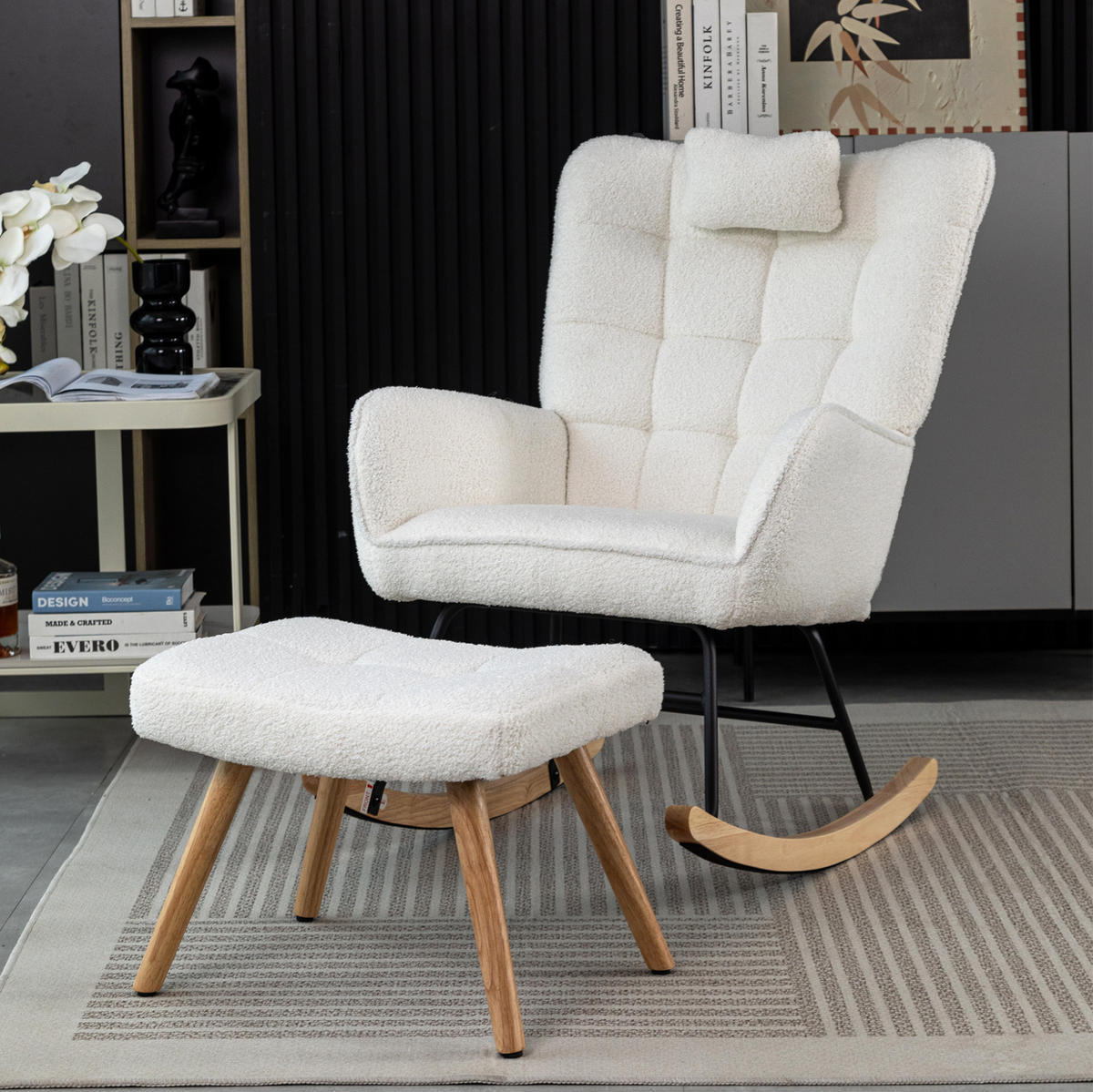 SCHAUKELSTUHL 65/47/92 cm weiß aus Lammfell-Optik mit Hocker - Weiß, Textil (65/92/93cm) - OKWISH