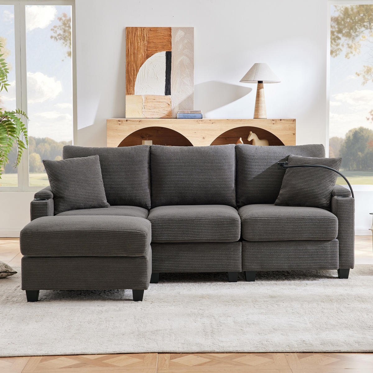 ECKSOFA 213.5/139/87 cm Dunkelgrau mit Fußhocker, Getränkehalter, USB-Ladegerät und Armlehnenablage - Dunkelgrau, Textil (213.5/139cm) - Oxeza