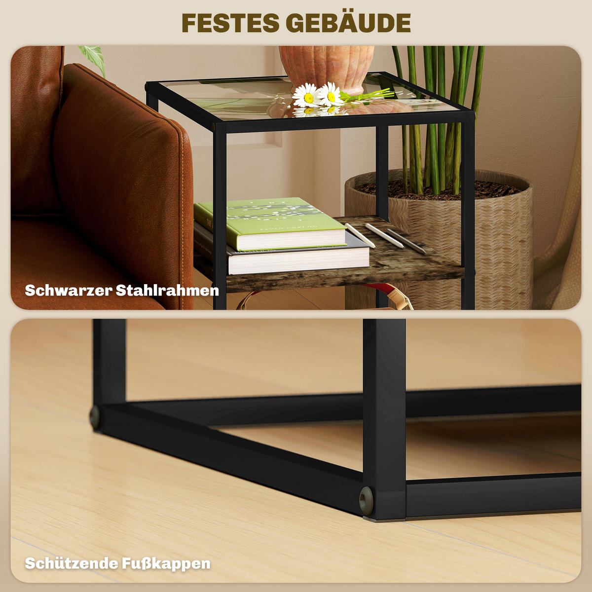 BEISTELLTISCH 2er-Set mit Glasplatte, 37 x 40 x 55,5 cm, Rustikales Braun - Braun, Glas (37/40/55.5cm) - HOMCOM