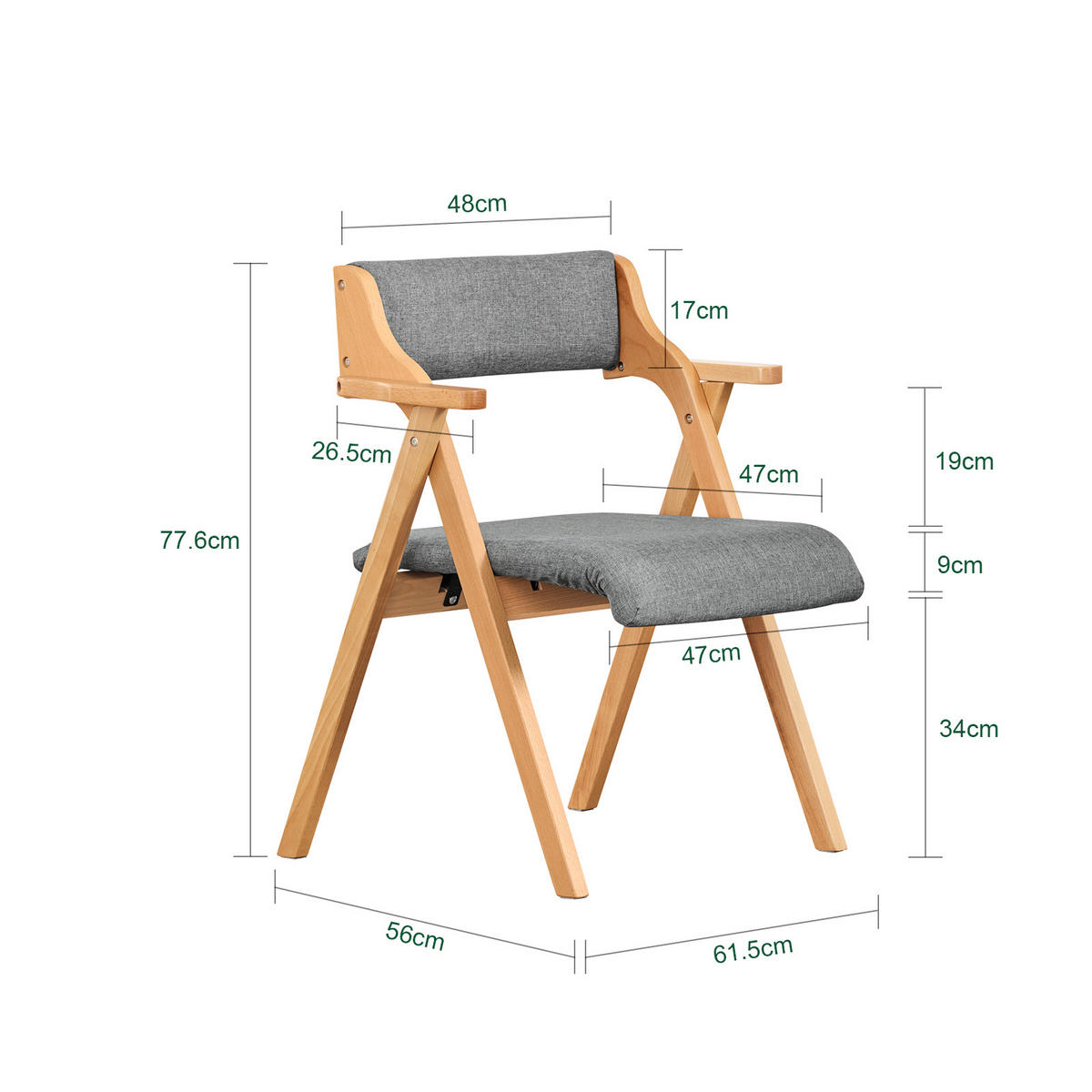 KLAPPSTUHL aus massivem Buchenholz mit Polsterung, Grau - Grau, Holz (61.5/77.6/56cm) - SoBuy