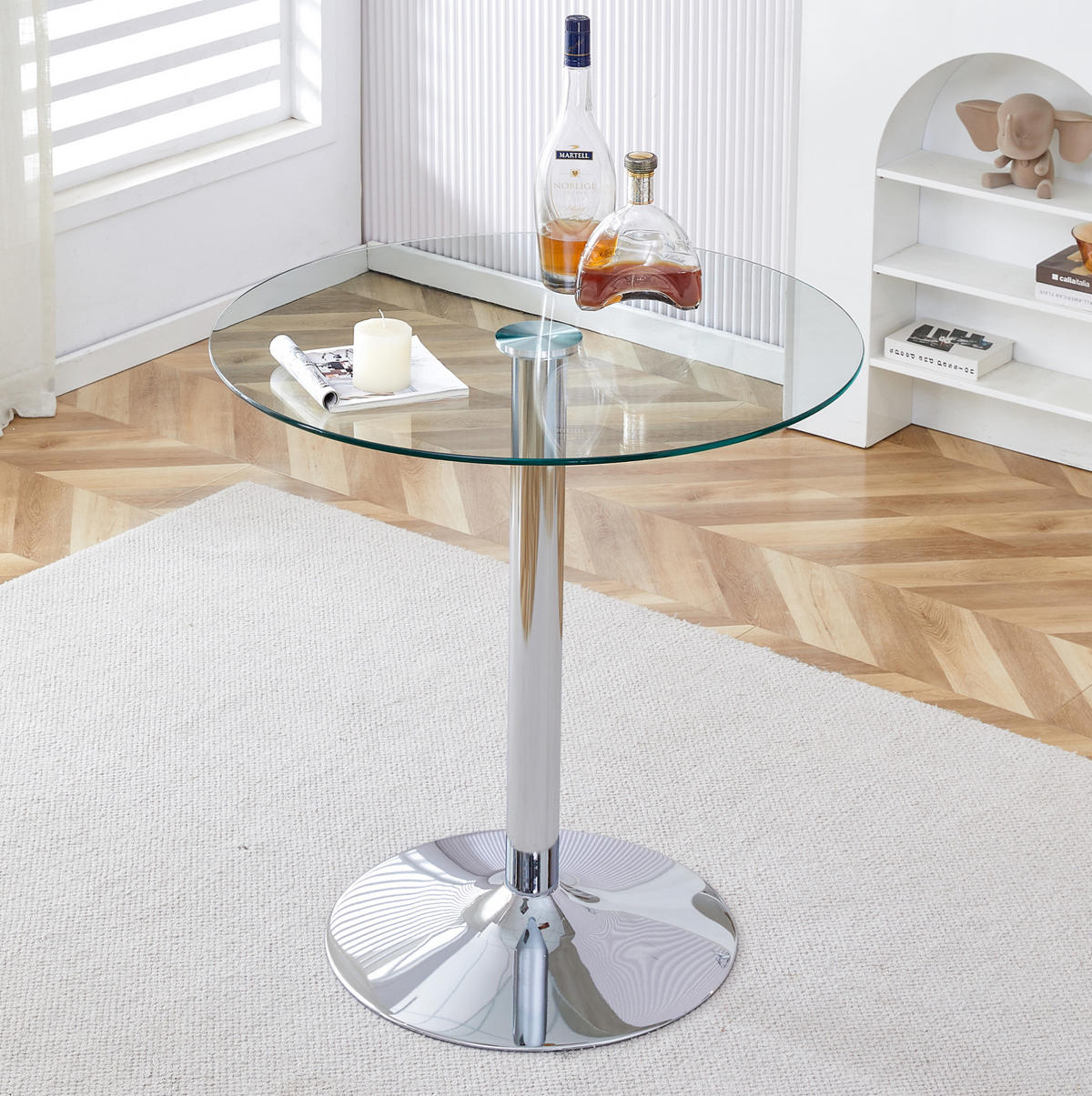RUNDER Bartisch 89/89/92 cm mit Glasplatte und silberfarbenem Metallgestell - Silberfarben, Glas (89/89/92cm) - BEAOK
