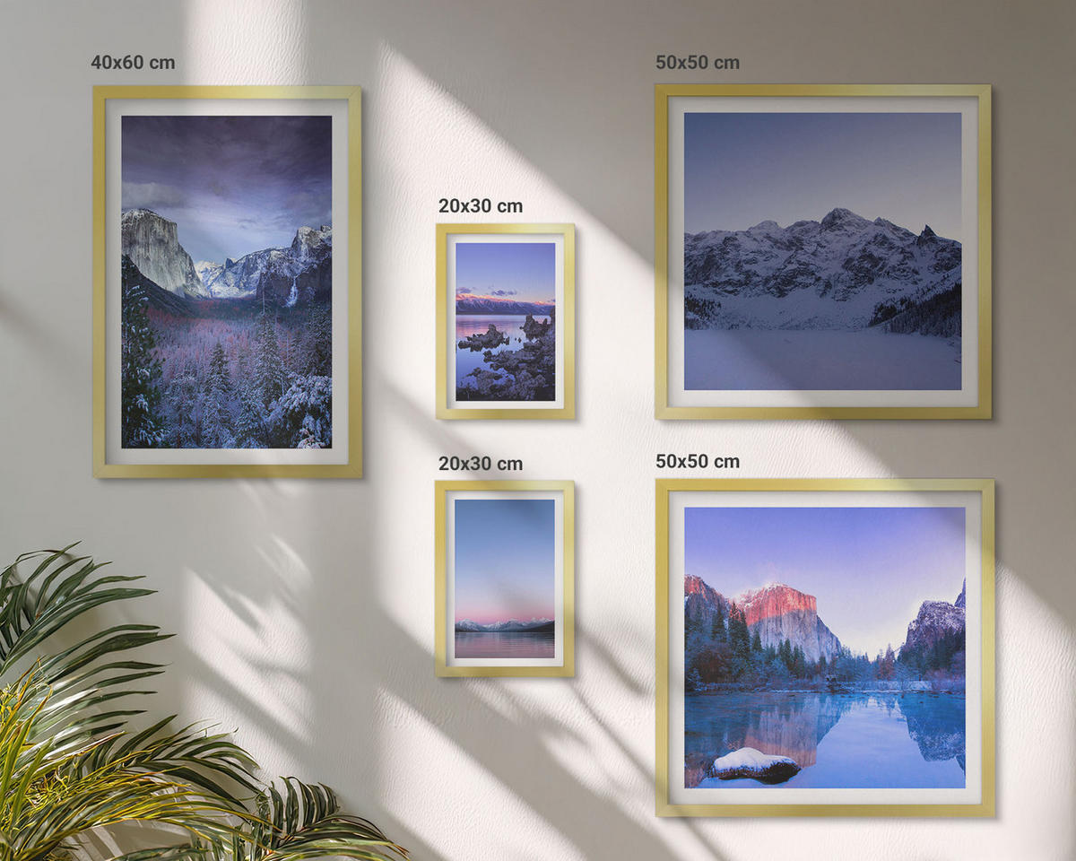 WANDBILDER 5er Set - 50x50 cm & 20x30 cm & 40x60 cm Goldrahmen - Berglandschaften, Sonnenuntergang, Wasser - Goldfarben, Kunststoff (40/60cm) - ArtPrintCave