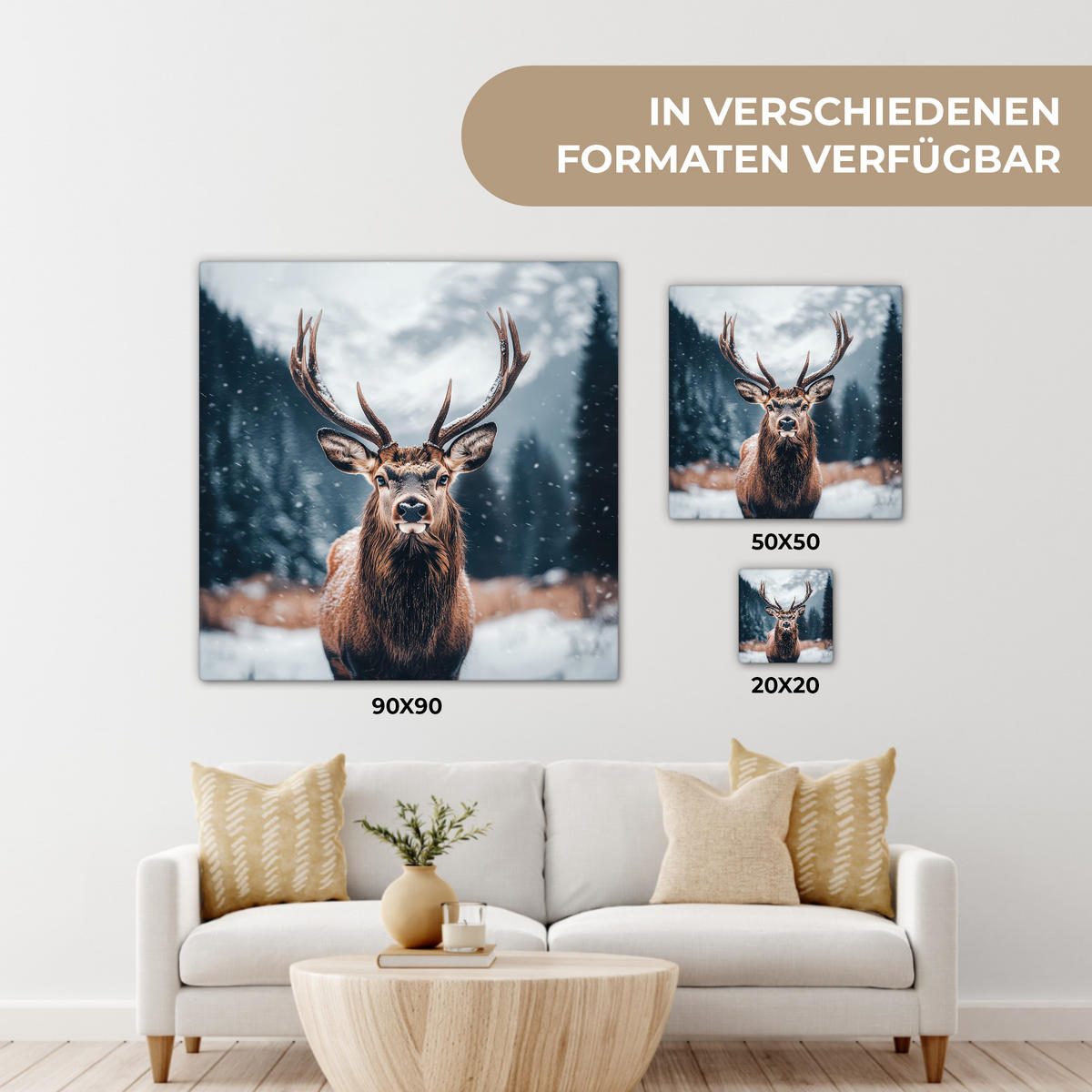 LEINWANDBILD Hirsche - Tiere - Landschaft - Winter - Schnee 20x20 cm - Kastanienfarben, Textil (20/20cm) - MuchoWow