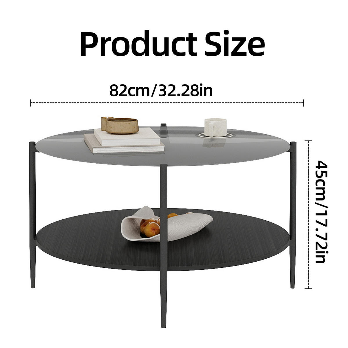 COUCHTISCH DE-37287 rund mit Glasplatte und zweistufigem Design Schwarz - Schwarz, Metall (82/82/45cm) - ComfortXL