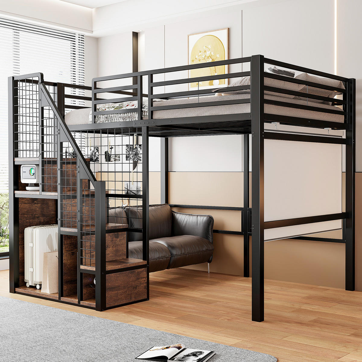 HOCHBETT 140/200 cm aus Metall und MDF mit Stauraum, Gittertreppe und hoher Umrandung Schwarz - Schwarz, Metall (140/200cm) - Modenvie