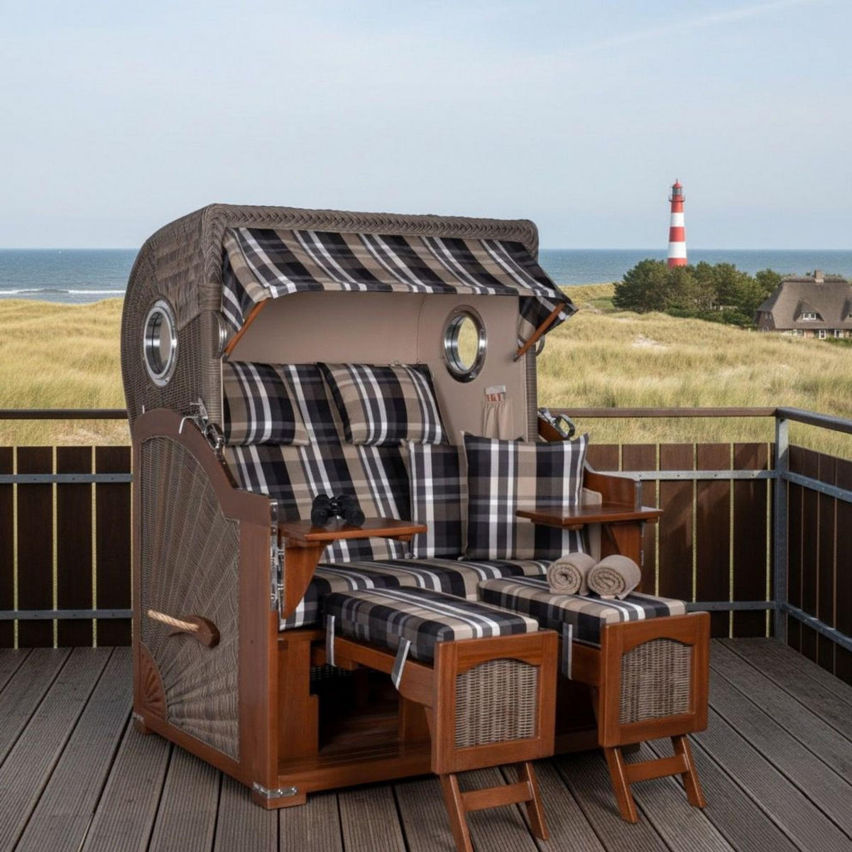 STRANDKORB 2-Sitzer Düne Mahagoni 583 - Beige/Schwarz, Holz (125/170/80cm) - Mr. Deko