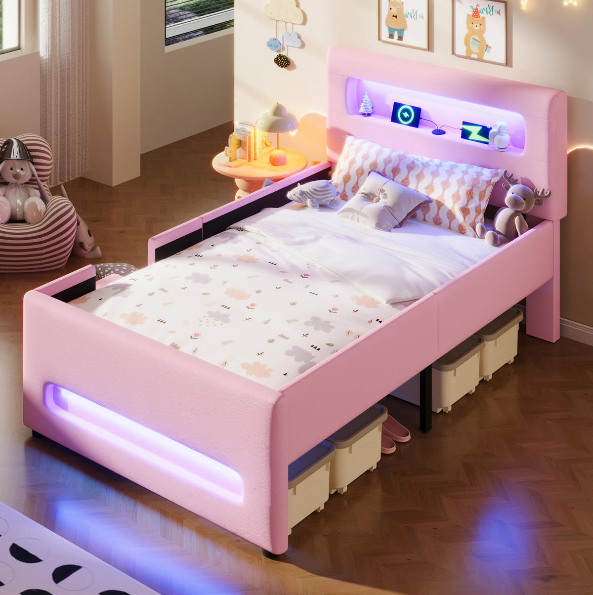 POLSTERBETT 90/200 cm rosa aus MDF/PU mit LED und Schublade - Rosa, Holzwerkstoff (90/200cm) - OKWISH