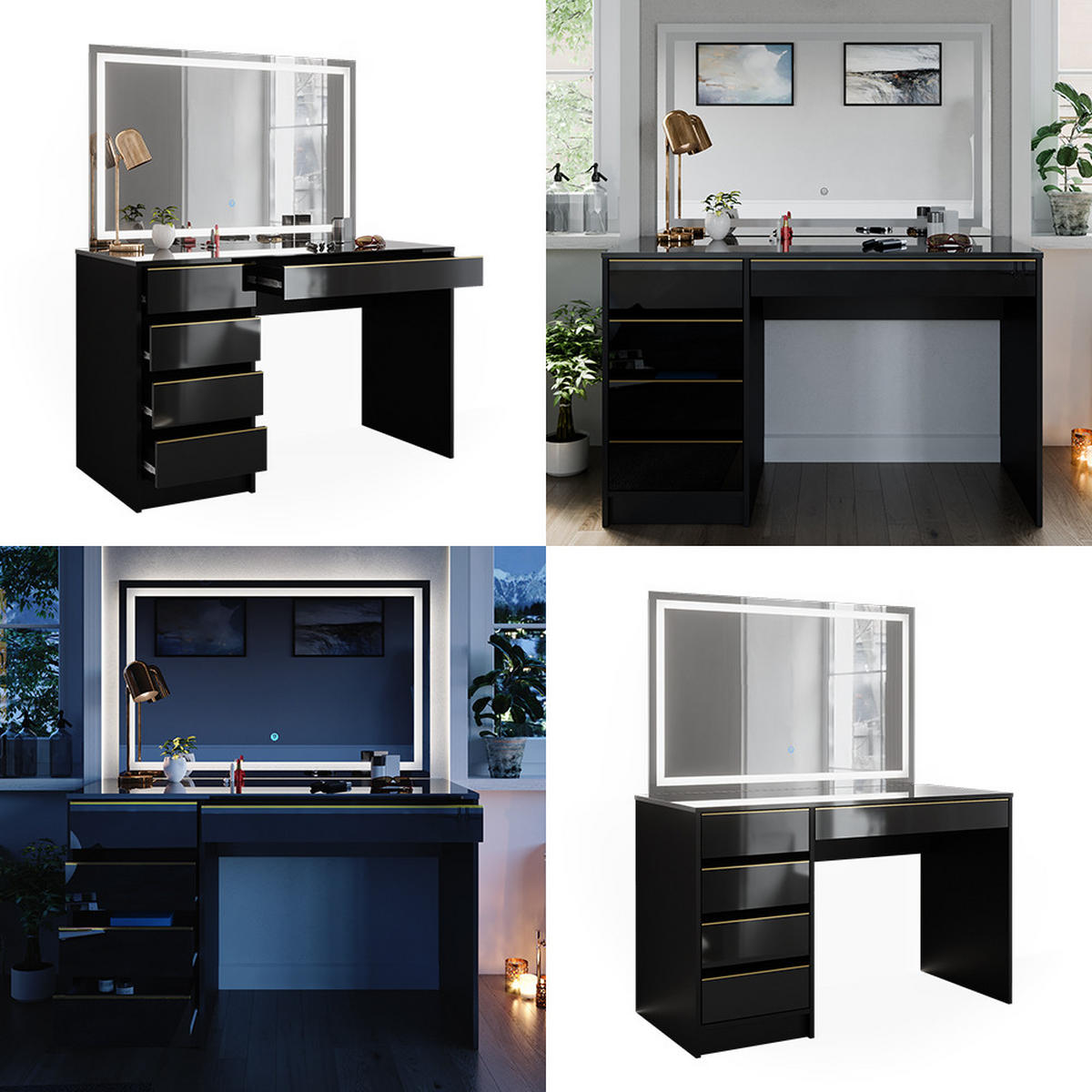 SCHMINKTISCH Sherry Schwarz/Gold 120 cm mit LED-Spiegel - Goldfarben/Schwarz, Holzwerkstoff (120/75/55cm) - Vicco