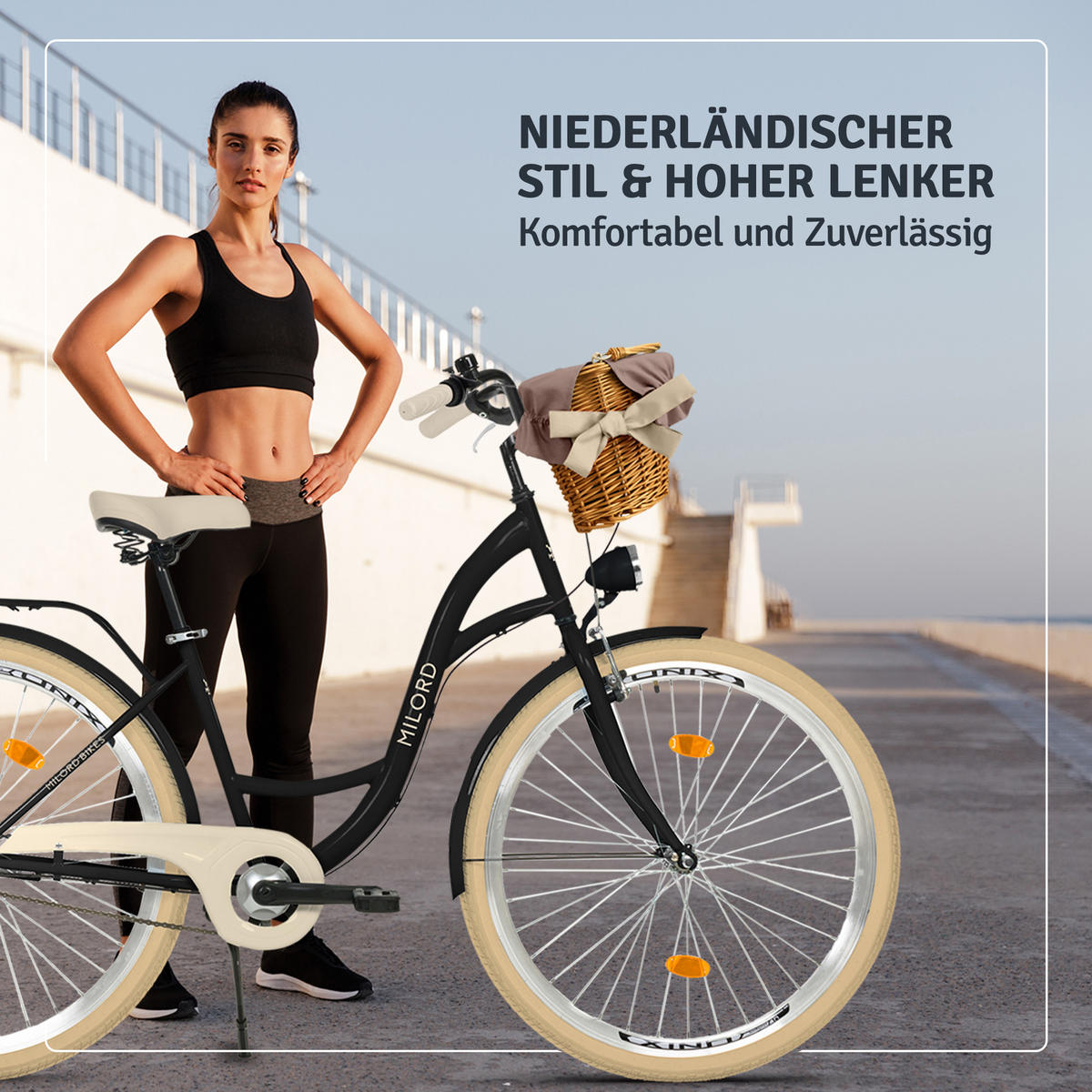 CITY-FAHRRAD Milord mit Weidenkorb, 28 Zoll, Schwarz-Creme, 3-Gang - Creme/Schwarz, Metall (46cm) - Milordbikes