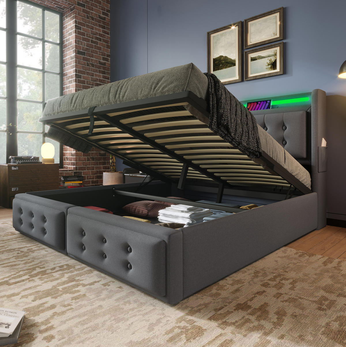 POLSTERBETT mit Stauraum, LED und USB 160x200 cm Grau - Grau, Metall (160/200cm) - Meubliv