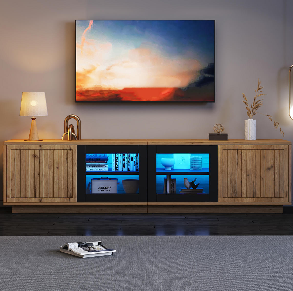 TV-ELEMENT mit LED 180 x 40 x 45 cm Naturholzoptik Schwarz 4 Türen - Braun, Holzwerkstoff (40/45/180cm) - Beauniv