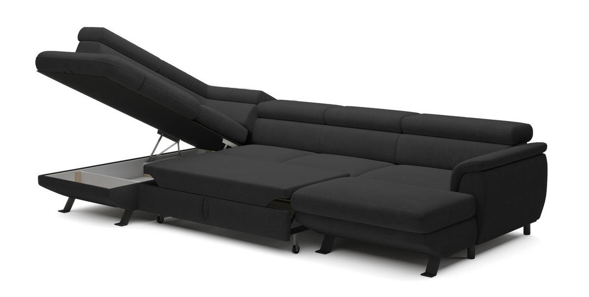 ECKSCHLAFSOFA Raven XL, Verstellbaren Kopfstützen, Bettkasten, Großes Sofa 334x198x162cm Linke, Anthrazit - Anthrazit, Holz/Textil (198/334cm) - DomoHome