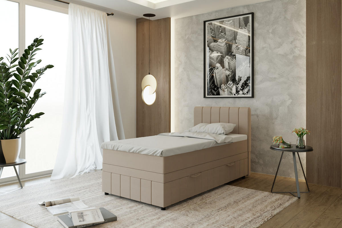 BOXBETT AVALON 100 x 200 cm mit Bettkasten und Topper - Beige - Beige, Holz - Panda Möbel