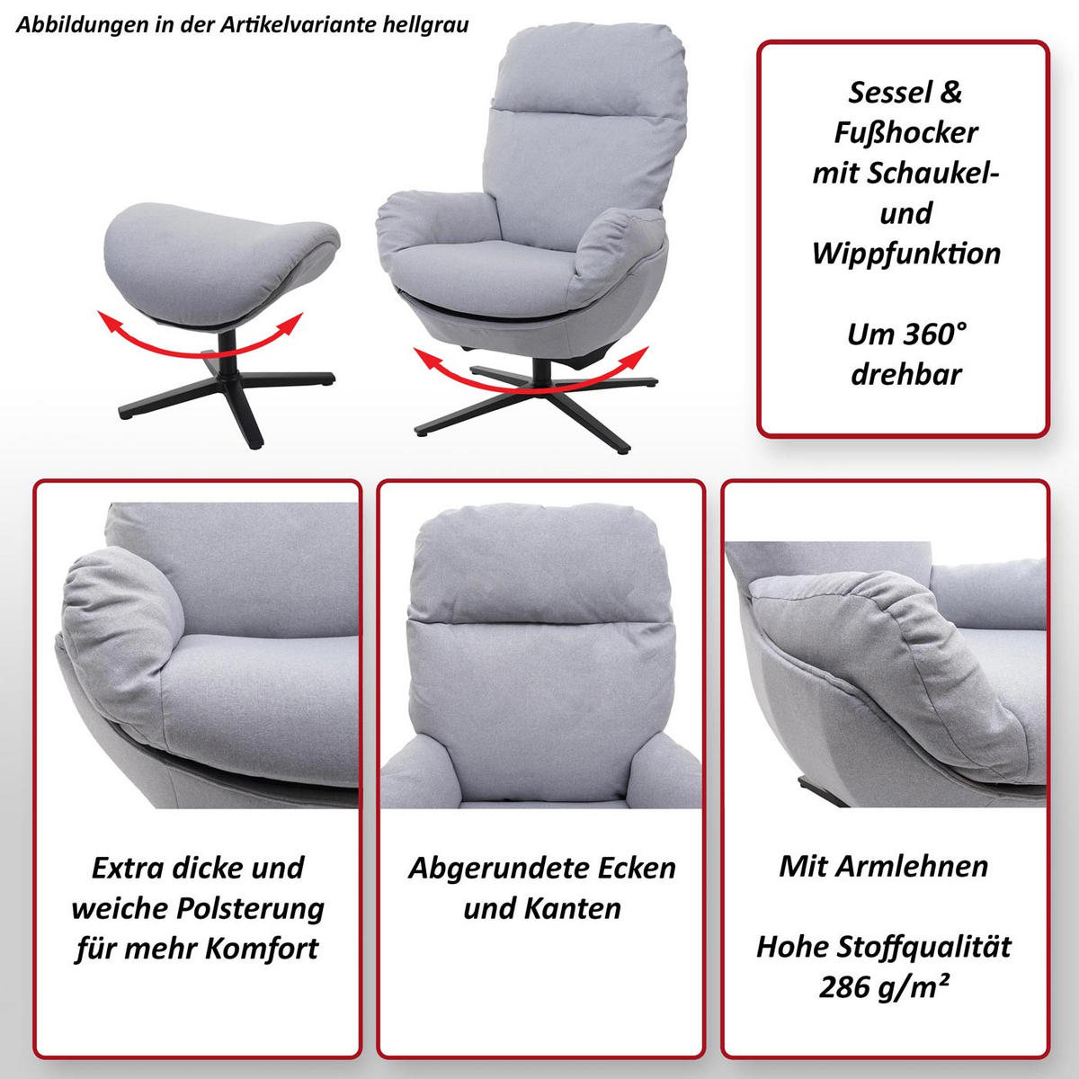 RELAXSESSEL + HOCKER Grau - Grau, Textil (72/101/73cm) - MCW