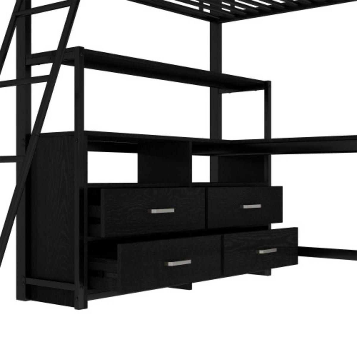 HOCHBETT 140 × 200 cm mit Metallrahmen, L-förmigem Schreibtisch und 4 Schubladen, schwarz - Schwarz, Metall - Luhomfu
