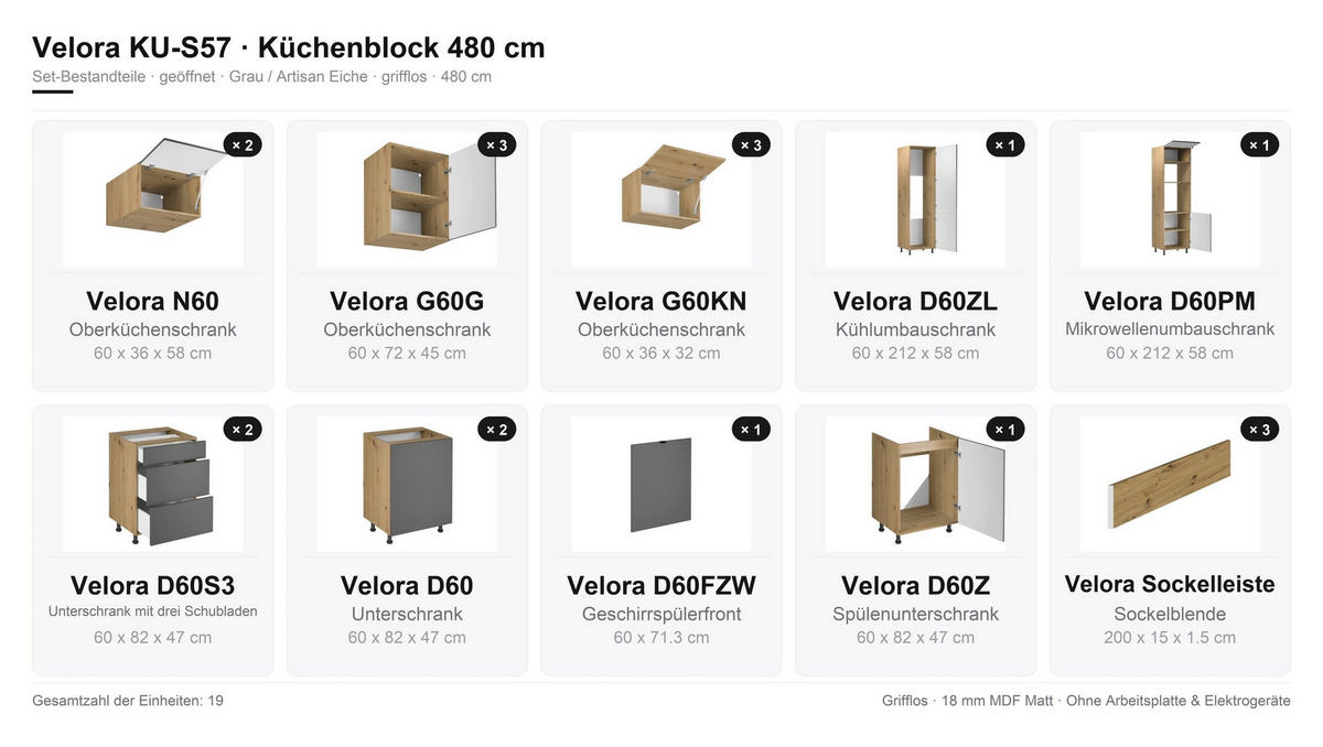 KÜCHENZEILE – Küchenblock 480 cm VELORA – KU-S57 – Grau / Artisan Eiche - Eiche Artisan/Grau, Holzwerkstoff (480/248/58cm) - hi-markt