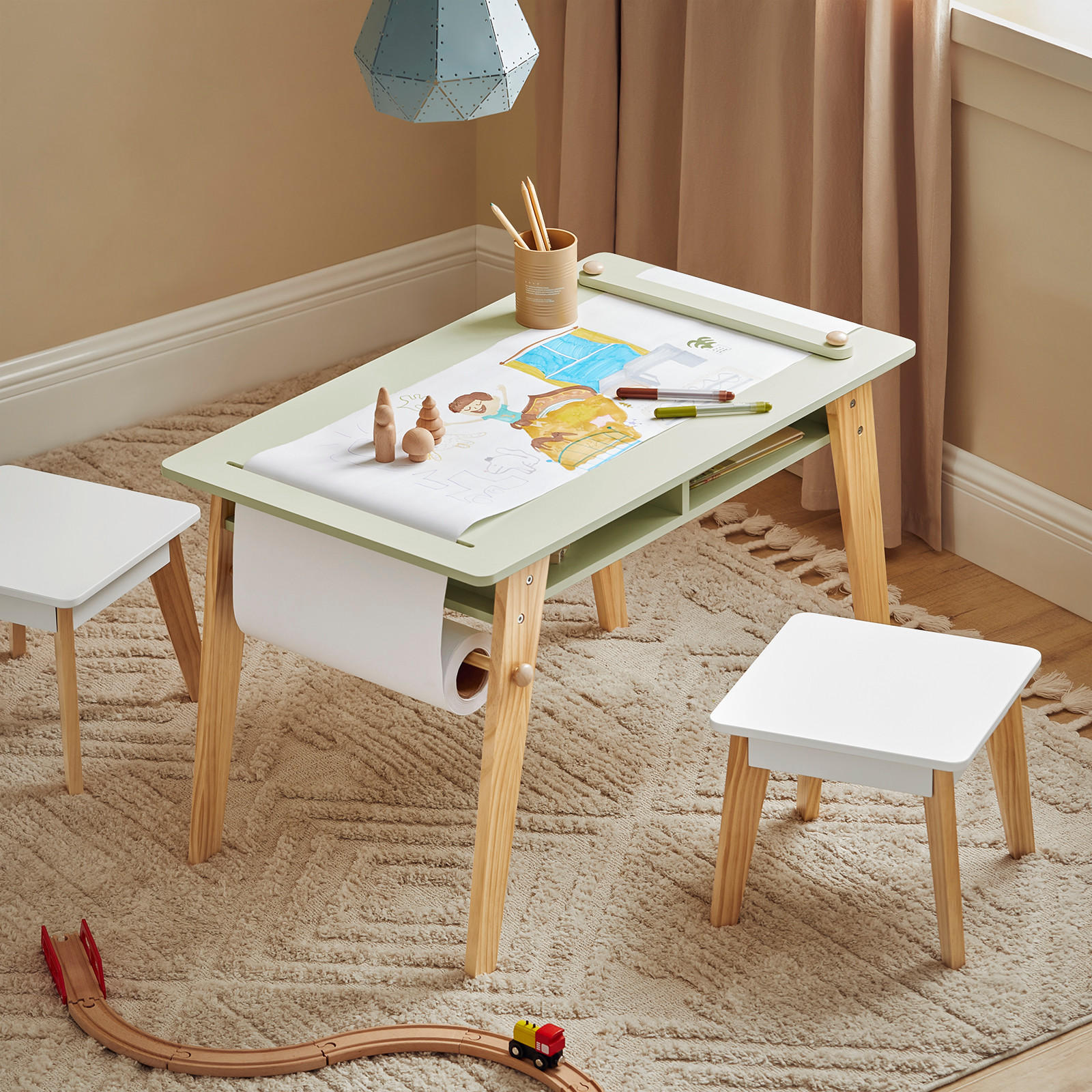 KINDERSITZGRUPPE Weiß-Grün - Weiß/Naturfarben, Holz/Holzwerkstoff (80/50/48cm) - SoBuy
