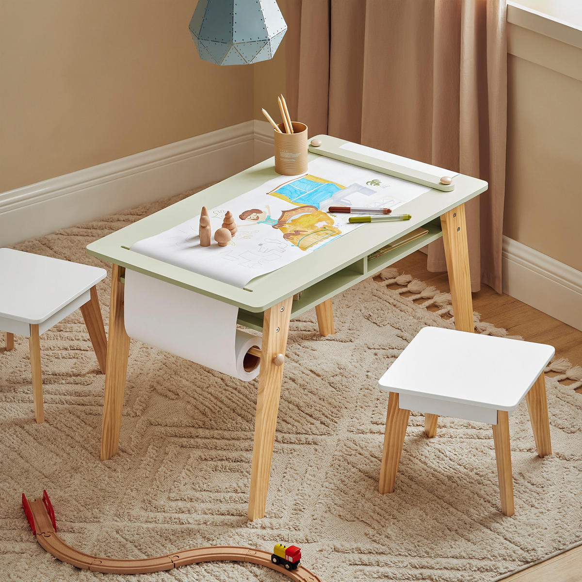 KINDERSITZGRUPPE Weiß-Grün - Weiß/Naturfarben, Holz/Holzwerkstoff (80/50/48cm) - SoBuy