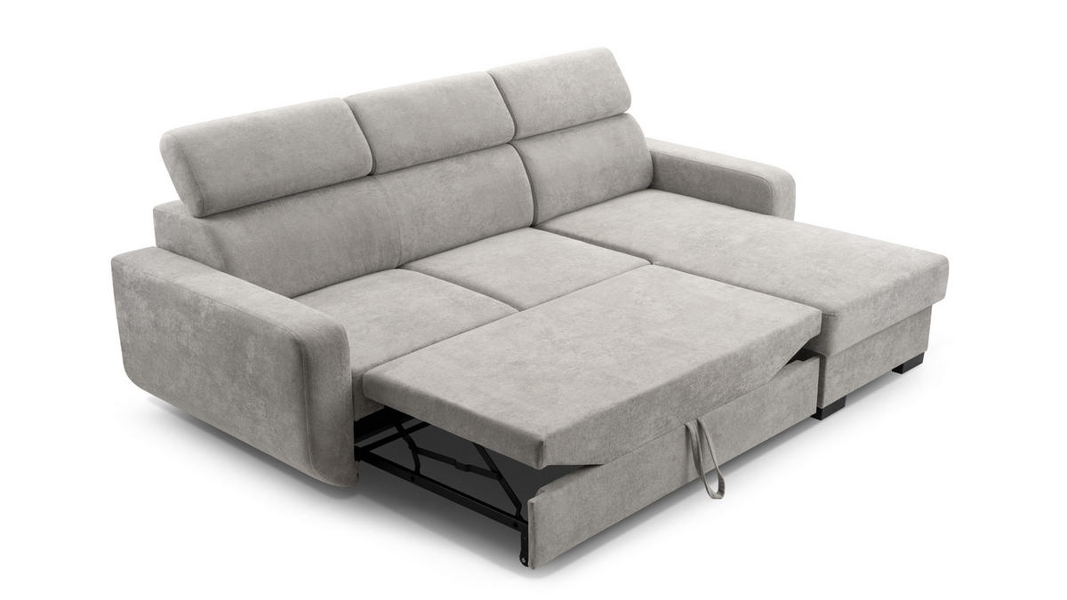 ECKSOFA CASTELLO Grau Plüsch-Stoff mit Schlaffunktion - Grau, Holz (236/165cm) - MASSENO