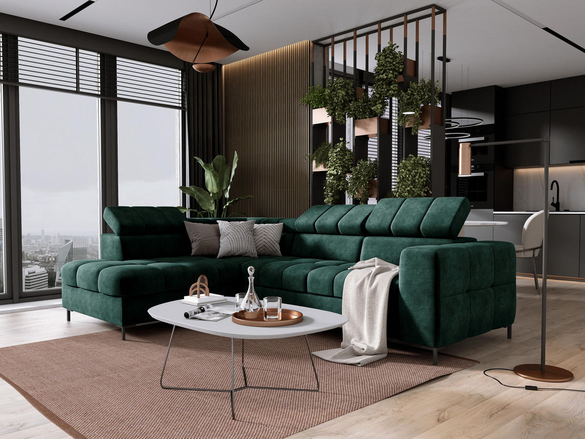 ECKSOFA PABLO CLOUD L‑förmig mit Bett, Bettkasten, verstellbaren Kopfstützen, weichen Metallfüßen, freistehend, LINKS, 201x270x97 cm Green - Grün, Holz/Textil (201/270cm) - DomoHome