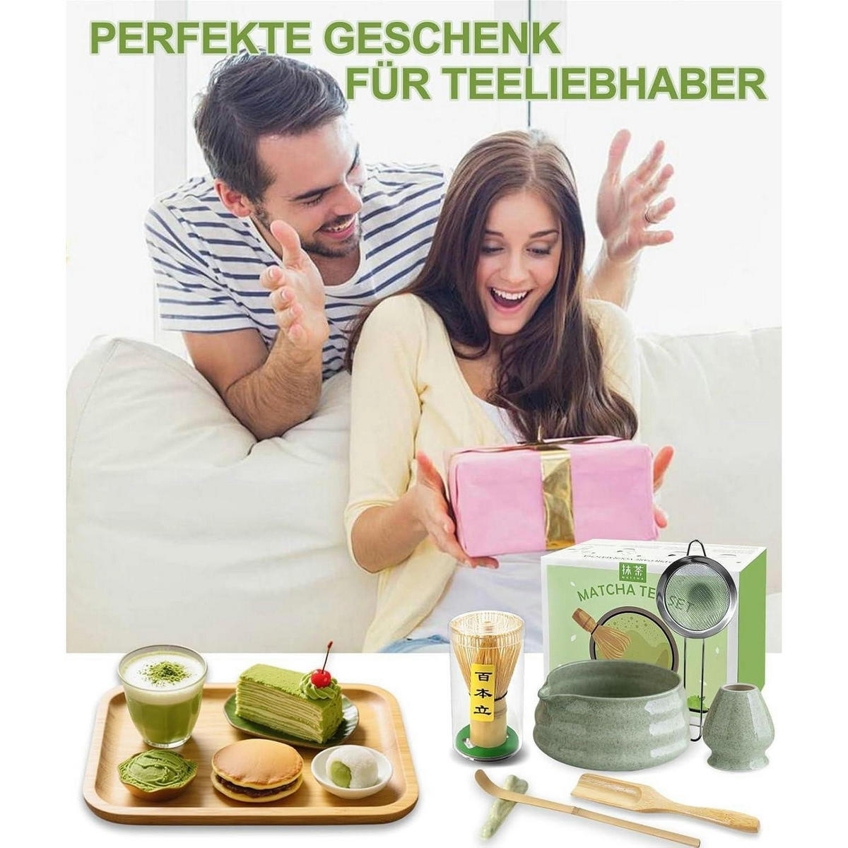 MATCHA Set 7-teiliges Set mit Schale und Bambusbesen - Grün, Keramik (15/10/15cm)