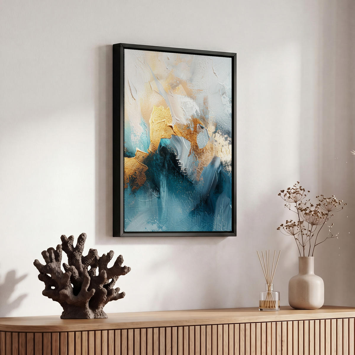 LEINWAND Bilder mit Rahmen - Abstrakt - Kunst - Gold - Blau - 20x30 - Petrol, Textil (20/30cm) - MuchoWow