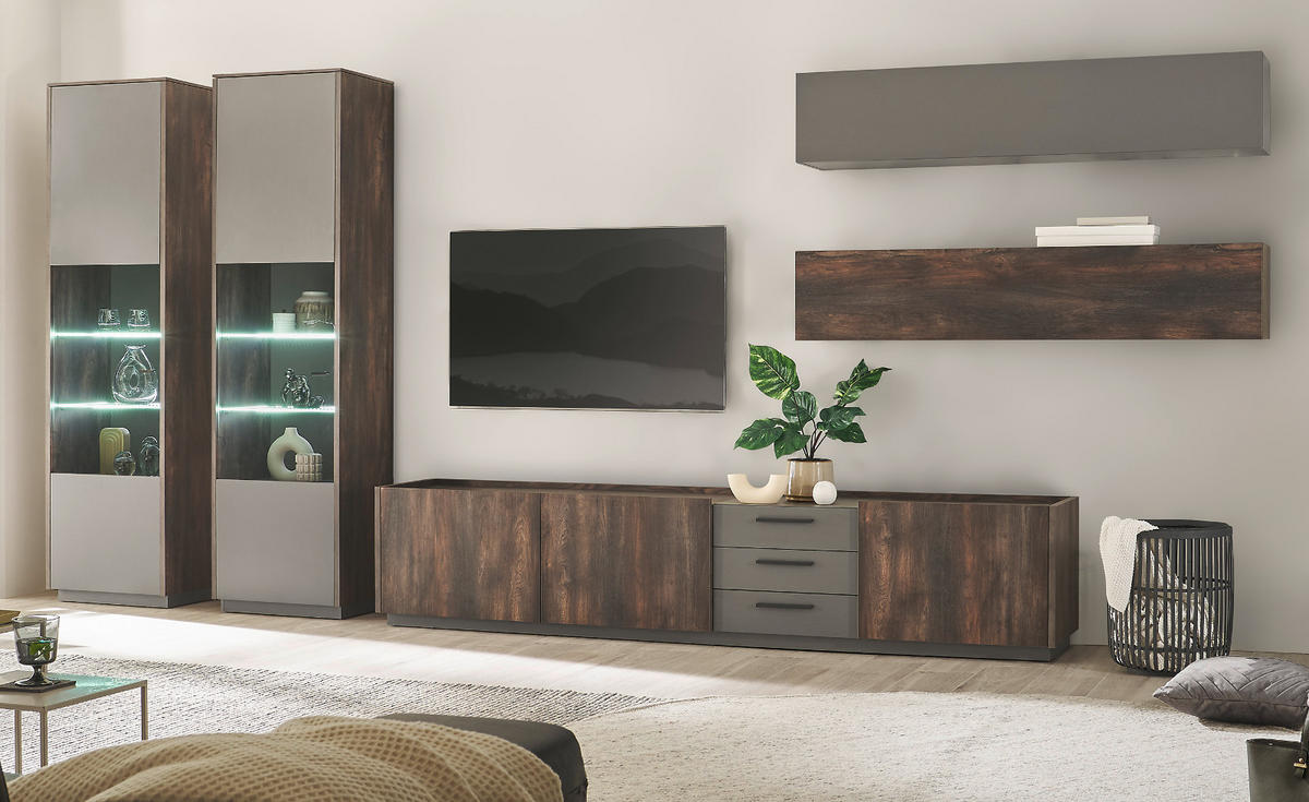 SCHRANK-SET 3-teilig Thermo Eiche, grau, Wohnkombination mit 3 x Vitrine - Eichefarben/Grau, Glas/Holzwerkstoff (205/130/40cm) - Furn.Design