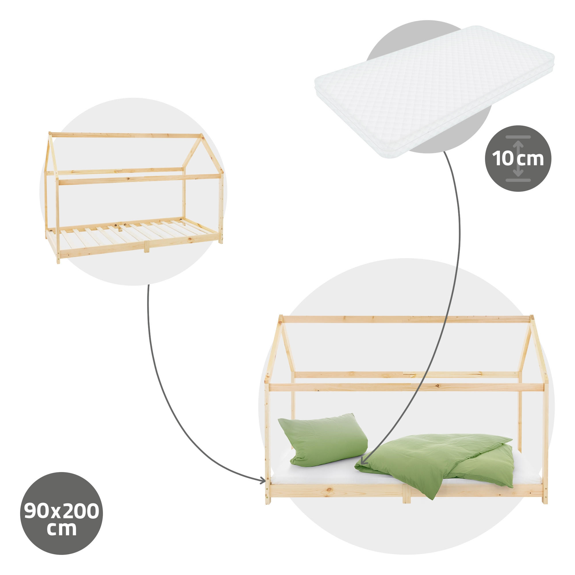 KINDERBETT mit Dach und Matratze 90x200 cm Natur - Naturfarben, Holz (90/200cm) - ML-DESIGN