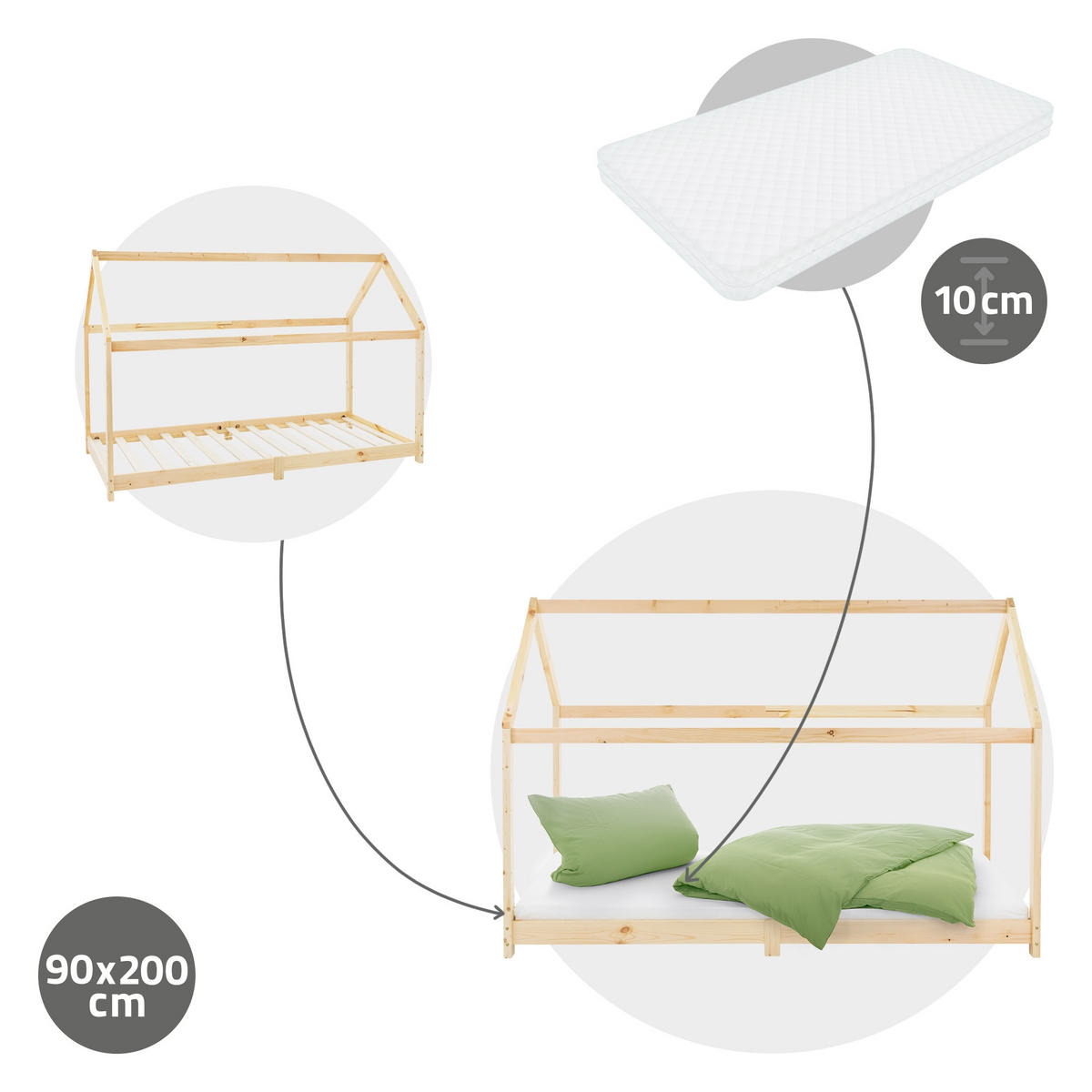 KINDERBETT mit Dach und Matratze 90x200 cm Natur - Naturfarben, Holz (90/200cm) - ML-DESIGN