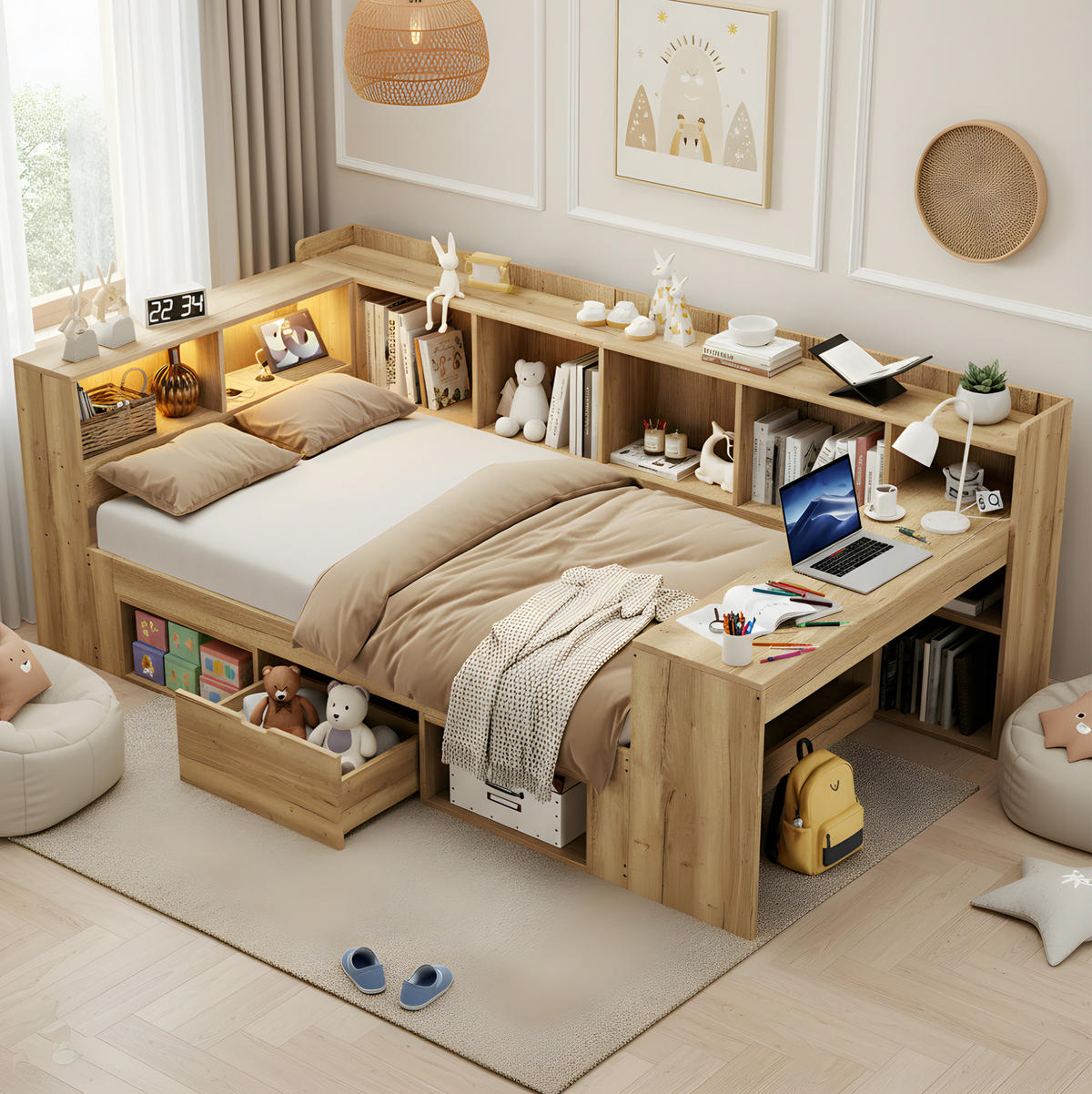 KINDERBETT 90/200 cm natur aus MDF mit LED, USB-C und Schreibtisch - Naturfarben, Holzwerkstoff (90/200cm) - OKWISH