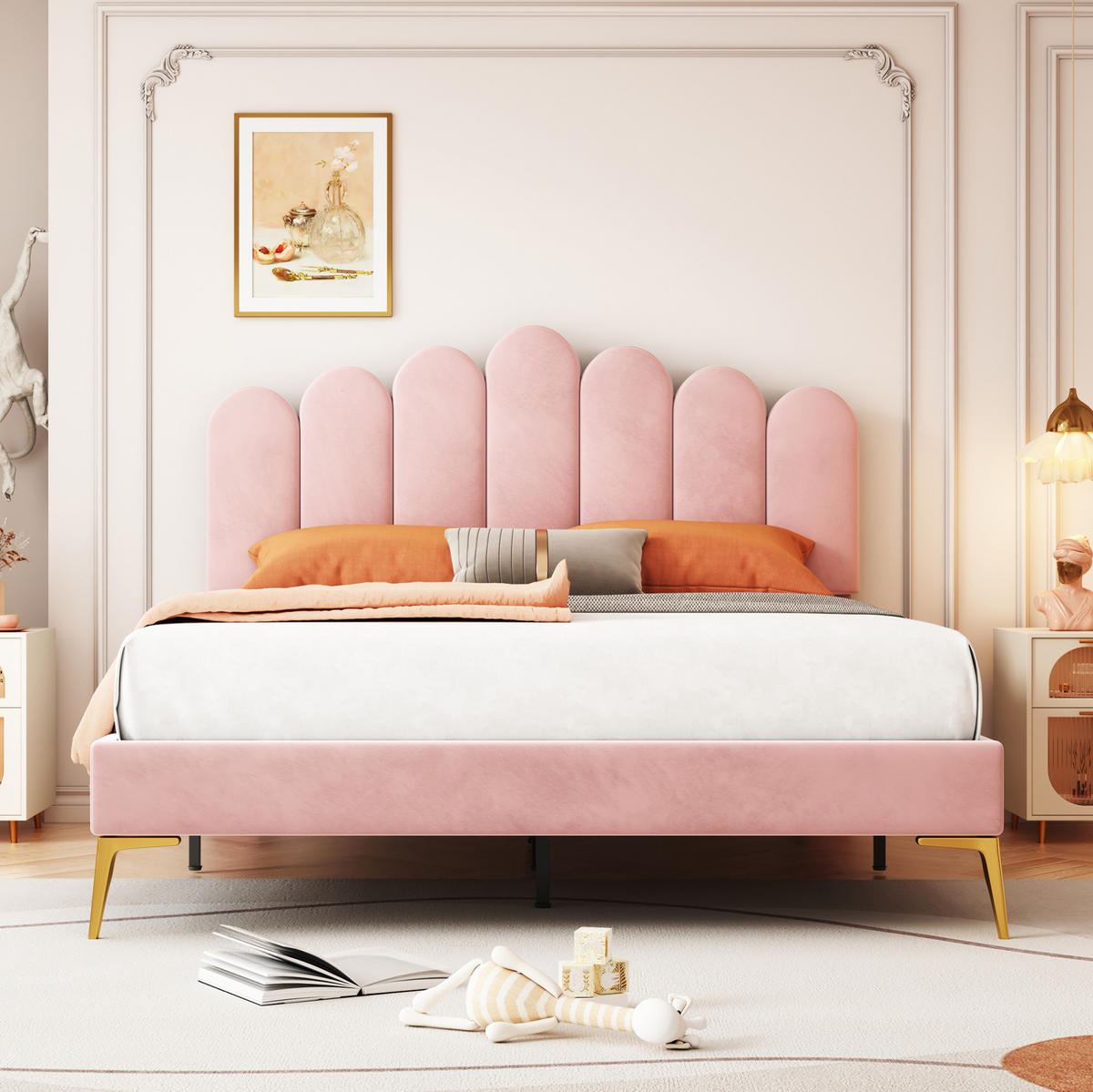 POLSTERBETT aus Samt 140x200 cm Pink mit verstellbarem Kopfteil, Lattenrost und Metallfüßen - Rosa, Textil (140/200cm) - Modfu