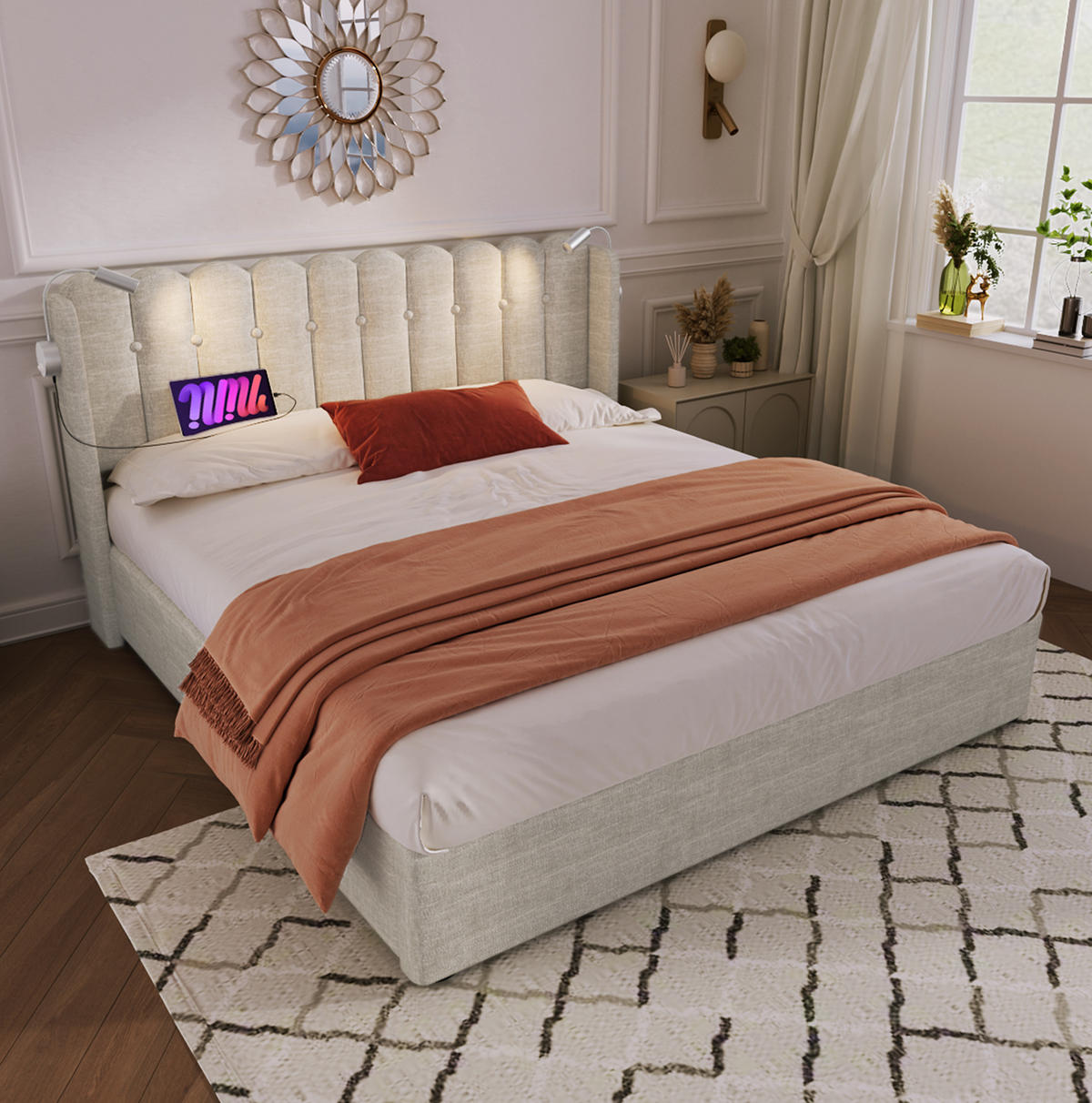 POLSTERBETT mit Bettkasten, USB und Leselicht 160x200 cm Beige - Beige, Metall (160/200cm) - Meubliv