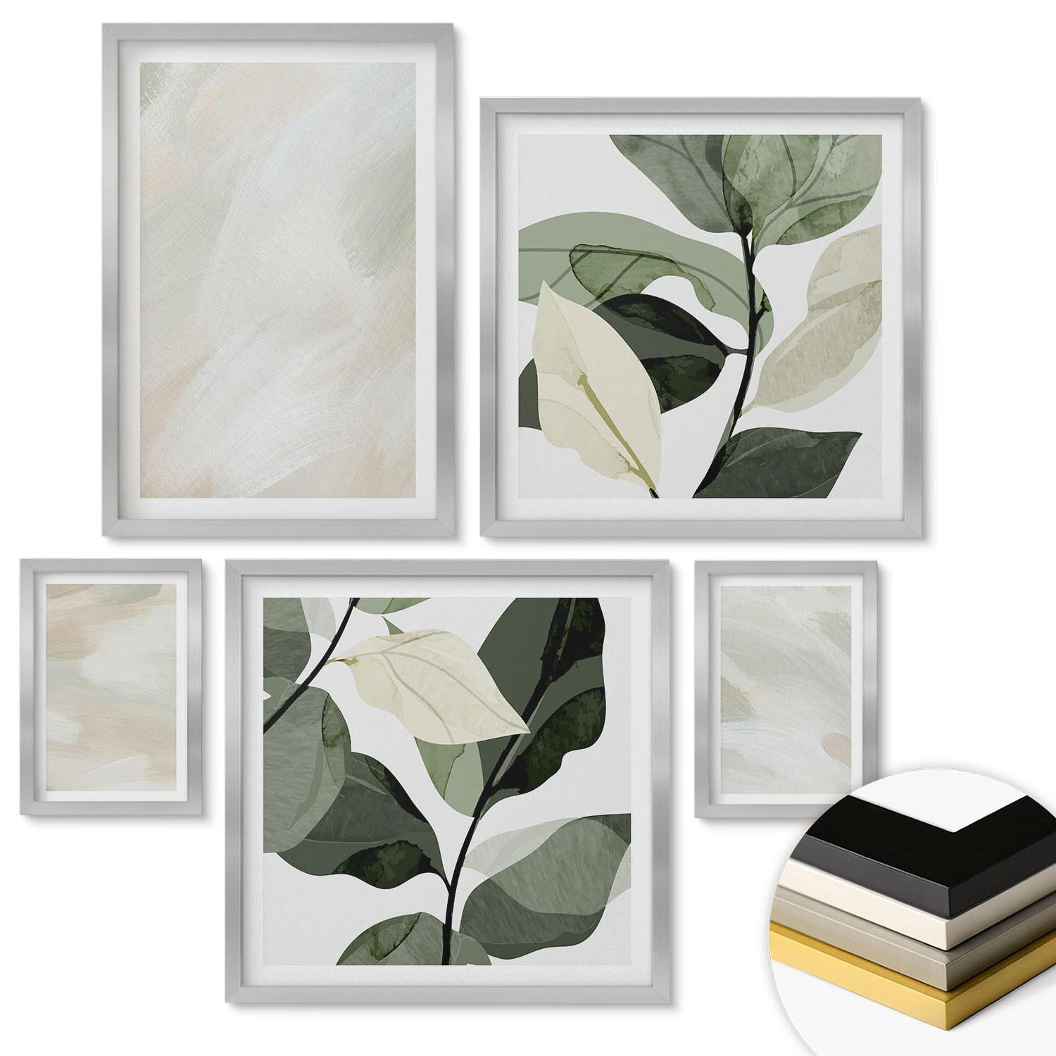 WANDBILDER 5er Set - 50x50 cm & 20x30 cm & 40x60 cm Silberner Rahmen - Leuchtende, abstrakte Boho-Farben - Silberfarben, Kunststoff (40/60cm) - ArtPrintCave
