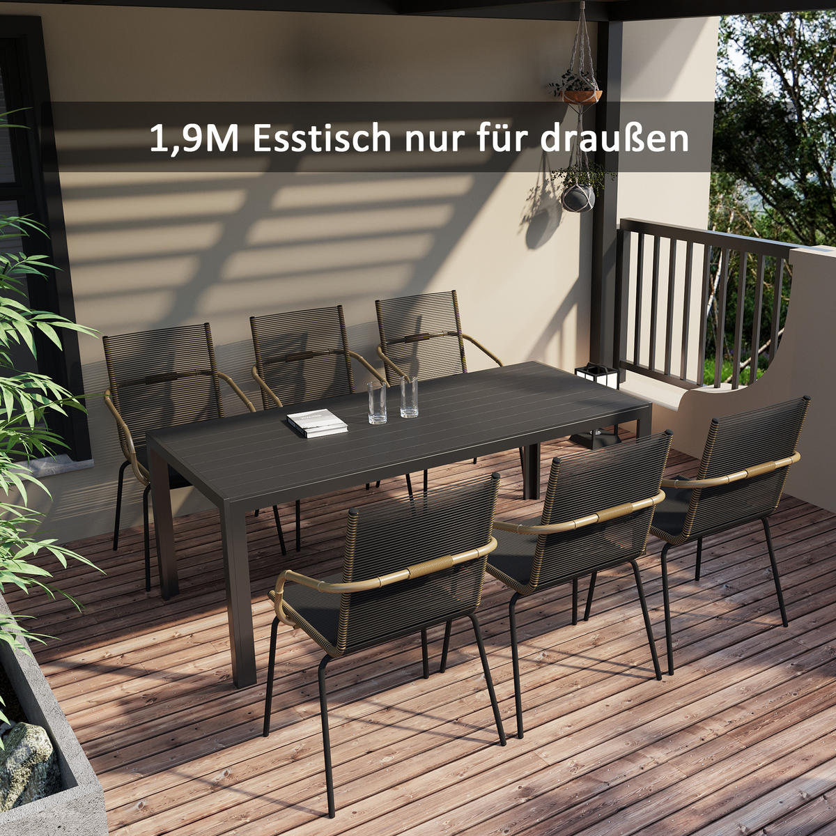 GARTENTISCH, Garten Esstisch, Terrassentisch, Partytisch, aus Alu, Polyholz, Schwarz - Schwarz, Holz/Metall (190/84.5/72cm) - Outsunny
