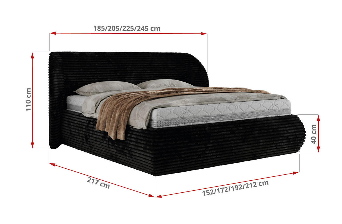 POLSTERBETT CAELA CLASSIC 200/200 - Schwarz Cord - VIRE LUX - Schwarz, Textil (200/200cm) - MKS