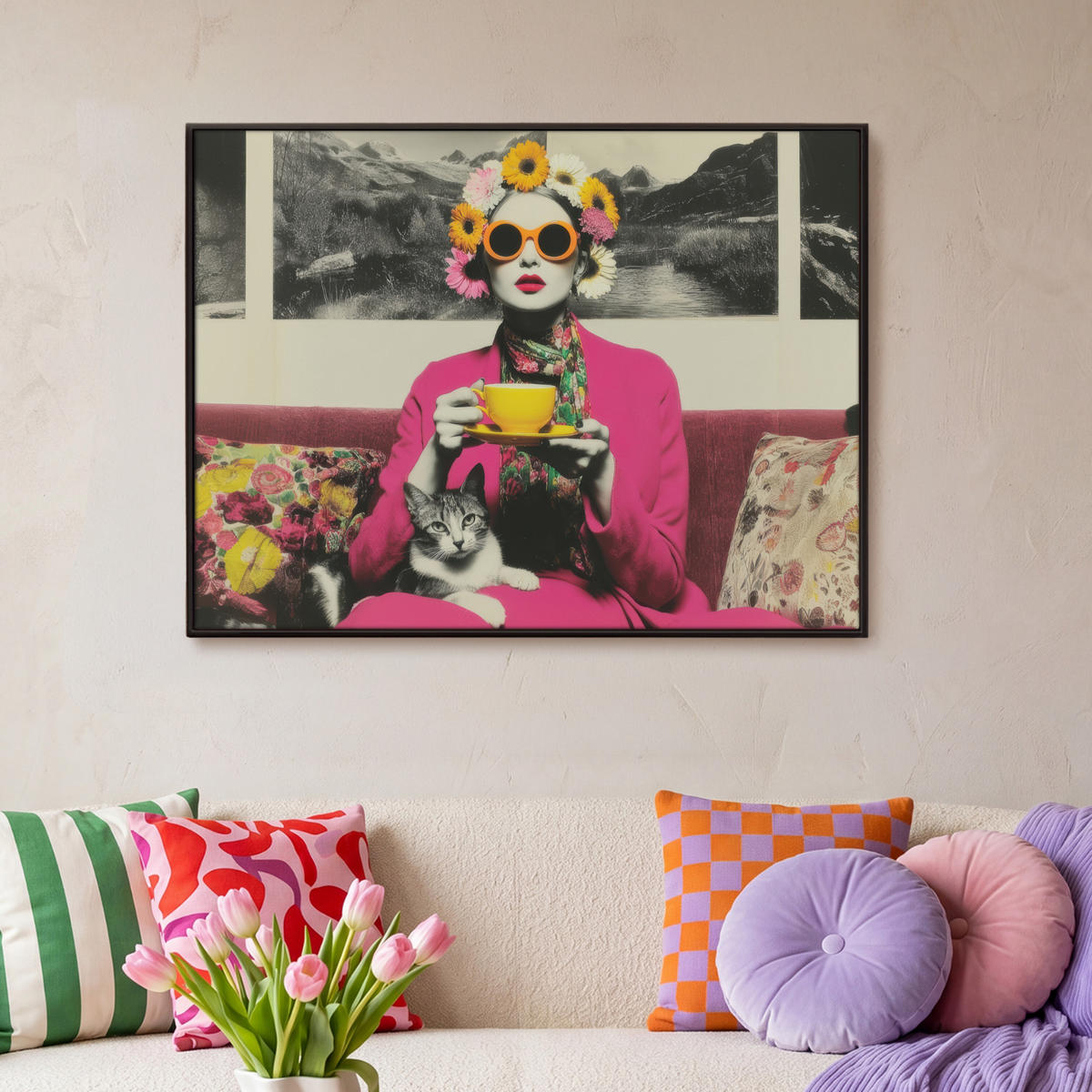 LEINWAND Bilder mit Rahmen - Frau - Katze - Blumen - Tasse - Retro - 100x70 - Magenta, Textil (100/70cm) - MuchoWow