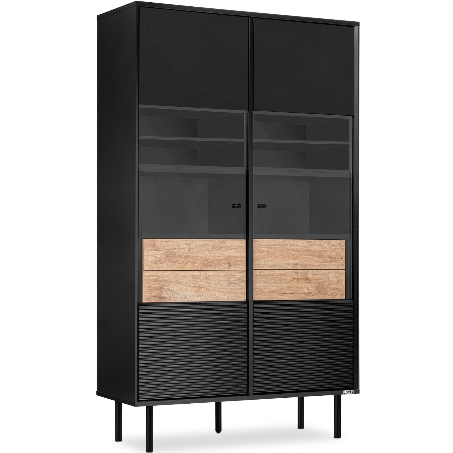Konsimo® Vitrinenschränk Schwarz, Eiche 102x174x41 cm