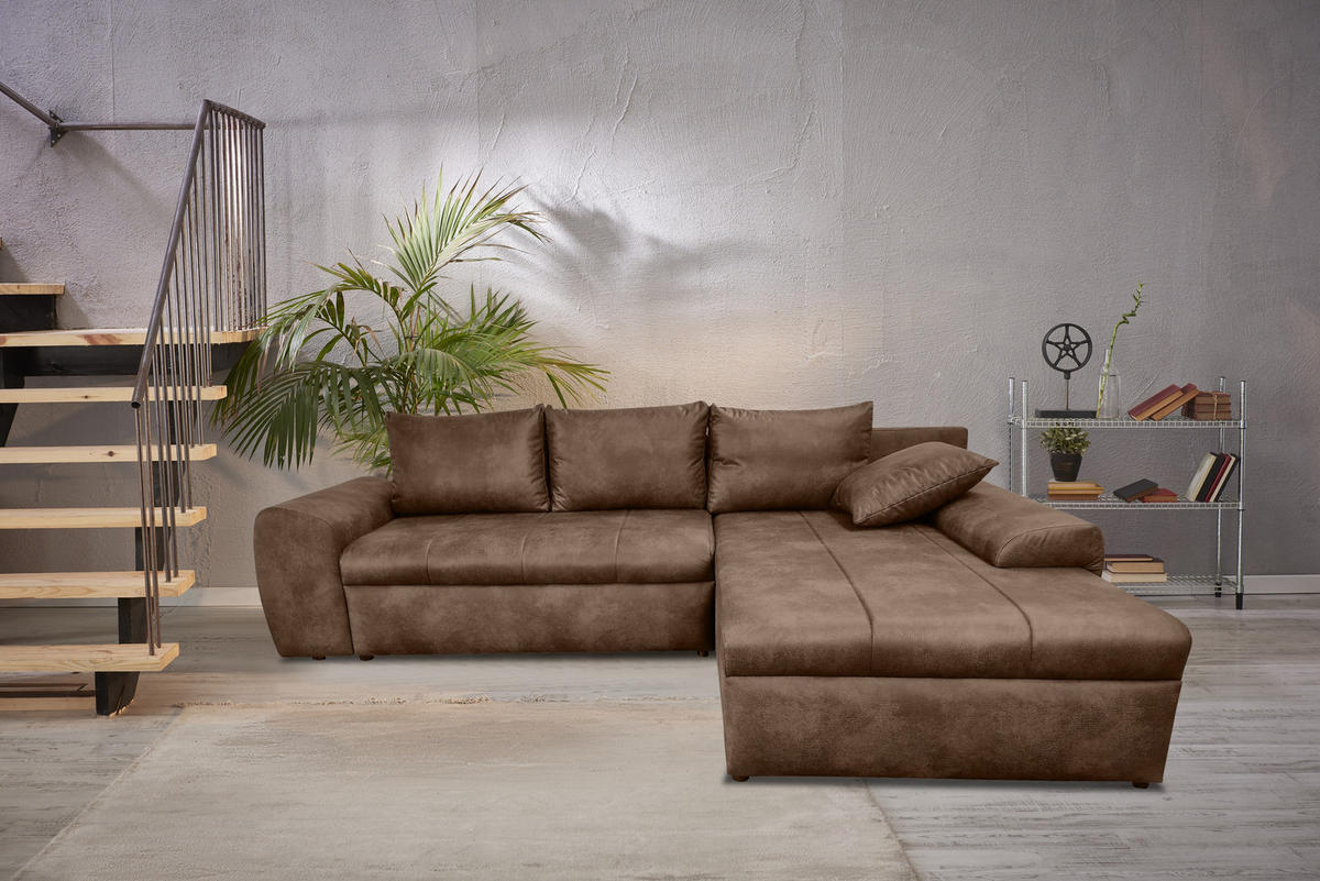 ECKSOFA mit Schlaffunktion, Bettkasten, Wellenunterfederung, Ottomane rechts B266/T186/H90 cm, Mikrofaser Leder-Optik Vintage Braun / 18011 - Schwarz/Braun, Kunststoff/Textil (266/186cm) - luma-home