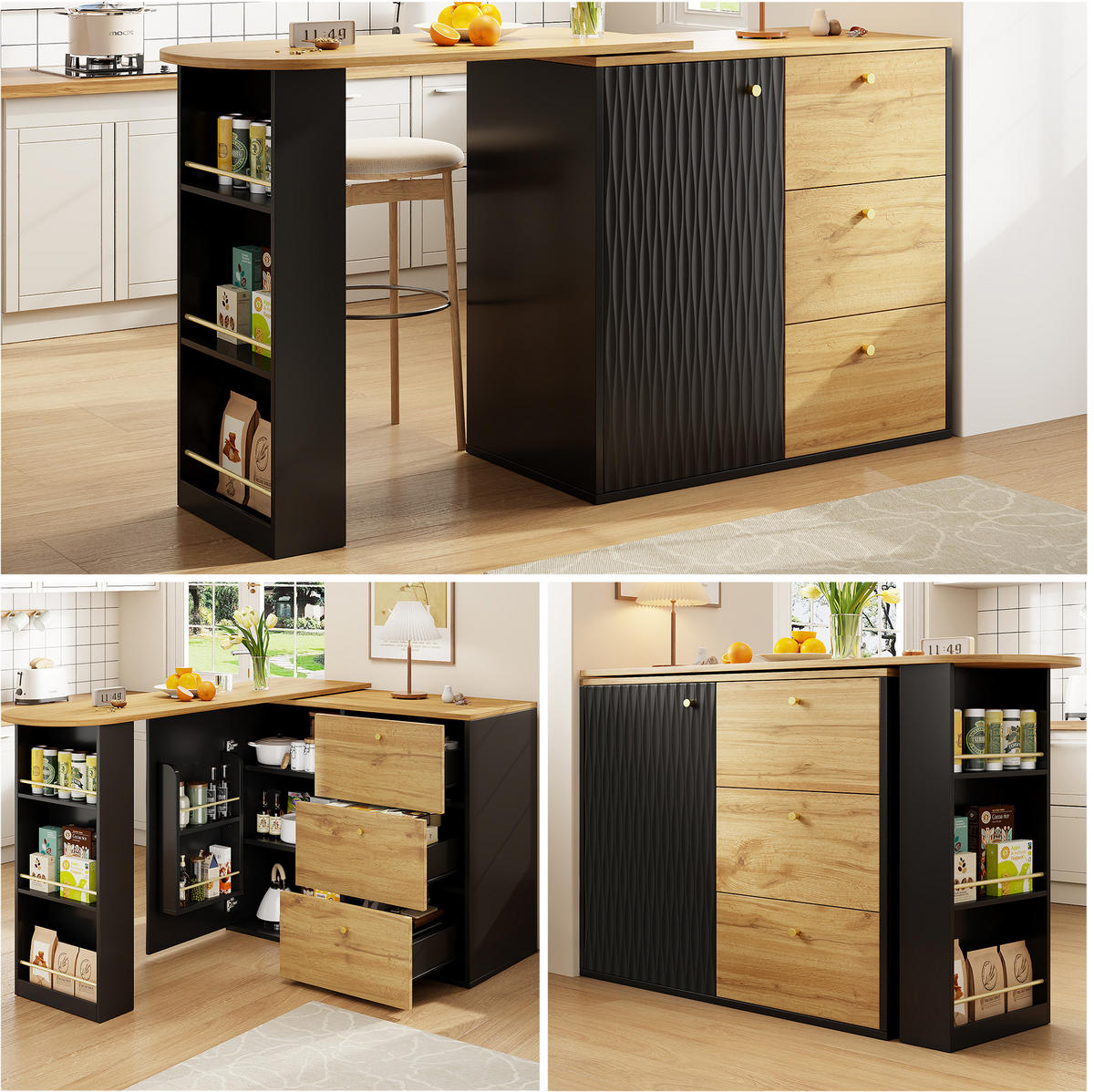 BARTISCH aus MDF, 360° dreh- & ausziehbar mit Stauraum, 138-204/39/104 cm, Schwarz - Schwarz, Holzwerkstoff (39/104/138cm) - Redom